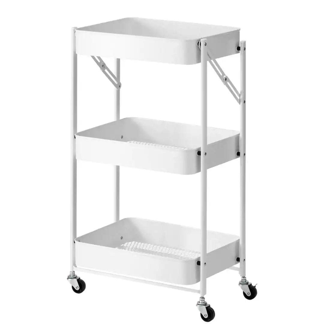 Soga 3 Tier Steel White Foldable Kitchen Cart Multi-Functional Shelves Storage Organizer with Wheels