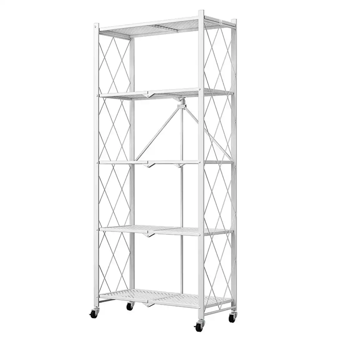 Soga 5 Tier Steel White Foldable Kitchen Cart Multi-Functional Shelves Storage Organizer with Wheels