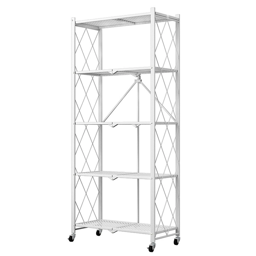 Soga 5 Tier Steel White Foldable Kitchen Cart Multi-Functional Shelves Storage Organizer with Wheels