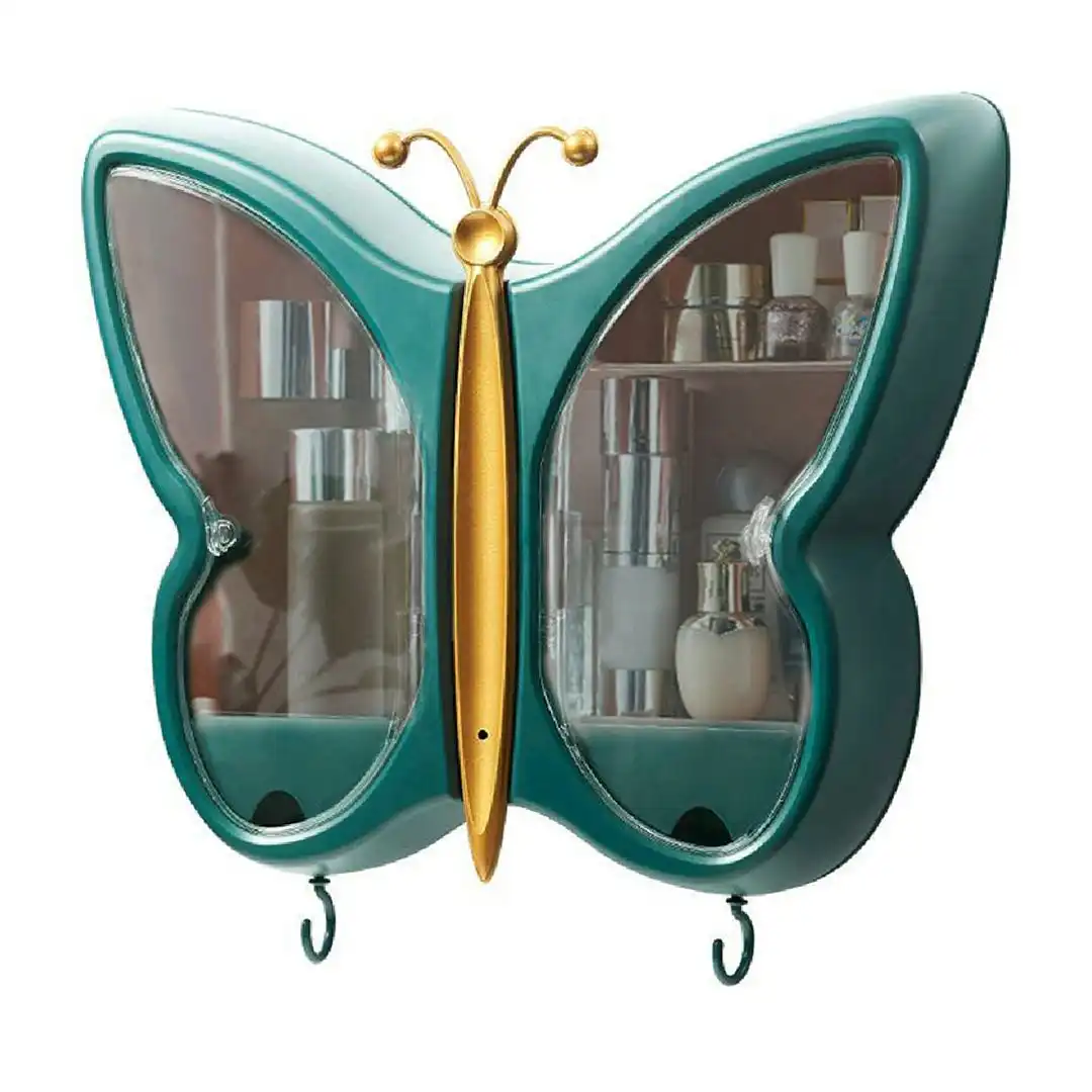 Soga Green Butterfly Shape Wall-Mounted Makeup Organiser Dustproof Waterproof Bathroom Storage Box Home Decor