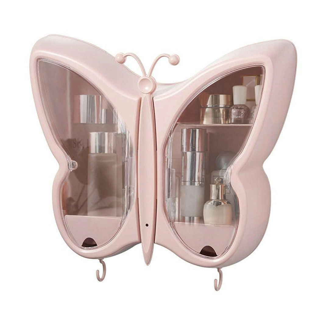 Soga Pink Butterfly Shape Wall-Mounted Makeup Organiser Dustproof Waterproof Bathroom Storage Box Home Decor