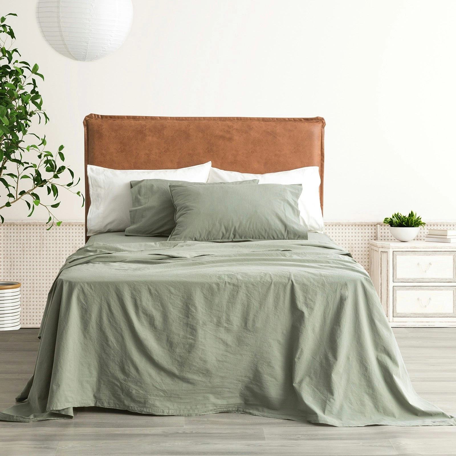 European Vintage Washed Cotton Sheet Sets Fern