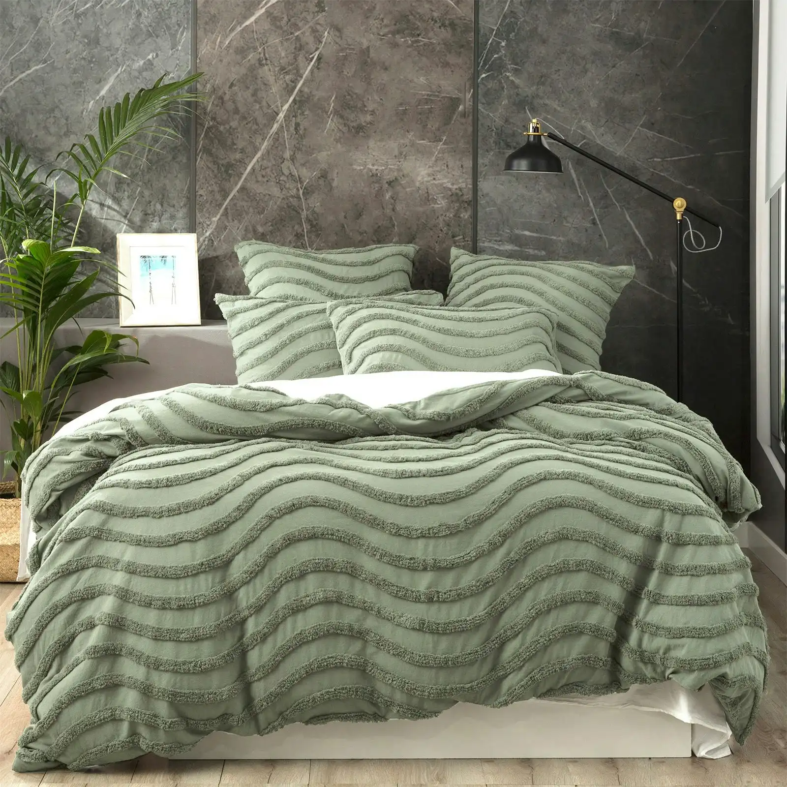 Wave Quilt Cover Tufted Cotton Chenille Set Sage