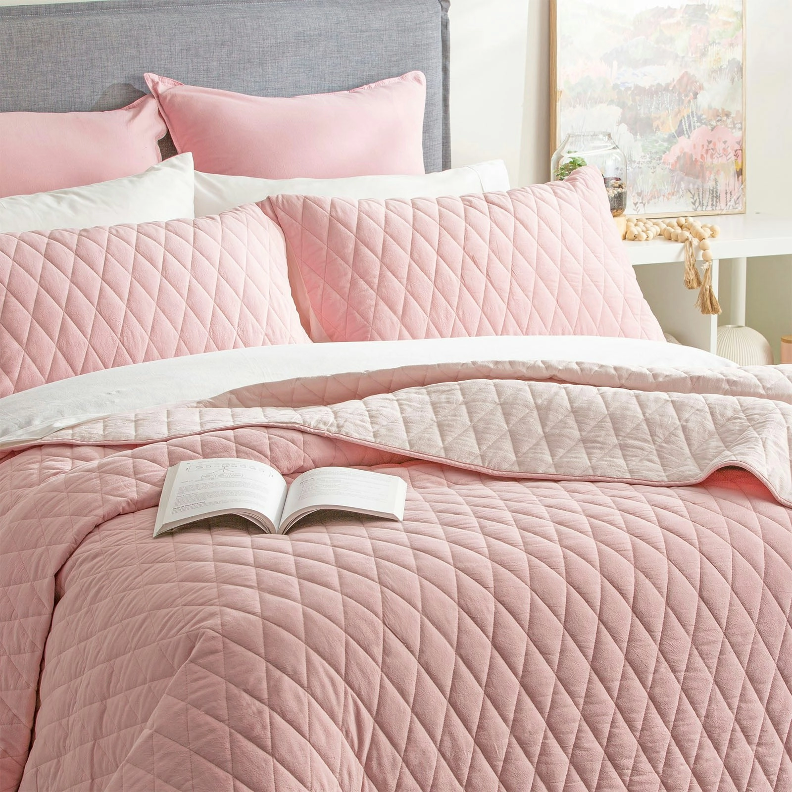 Coverlet Diamante Quilted Cotton Reversible Set Rose