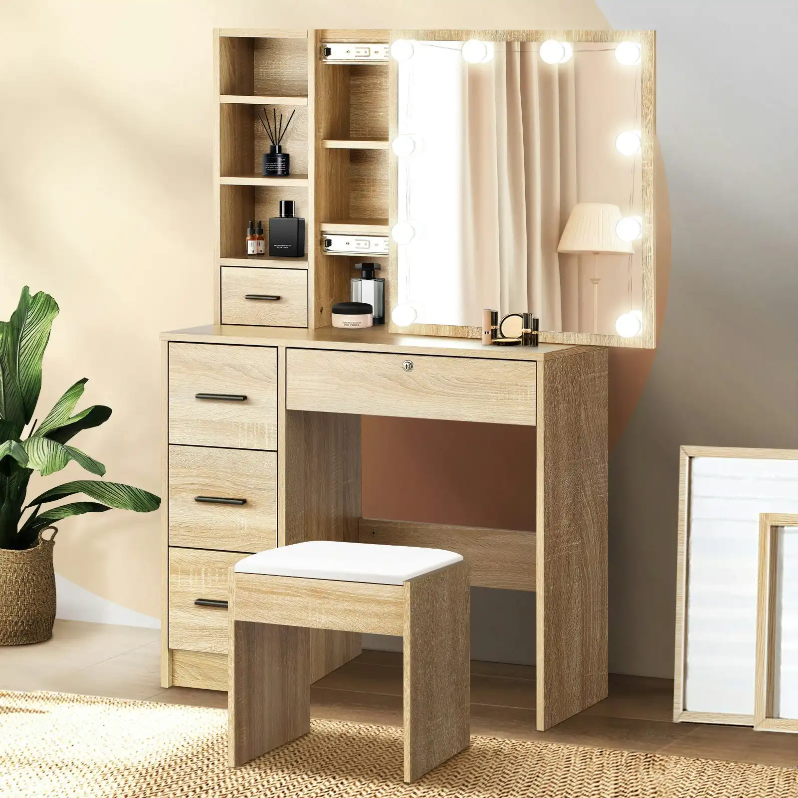 Oikiture Dressing Table Stool Set Makeup Slide Mirror Drawer 10 LED Bulbs Wooden