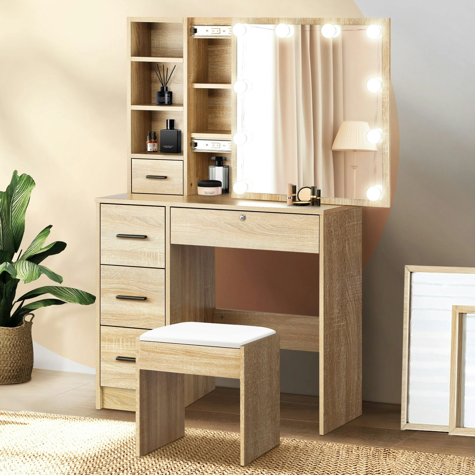 Oikiture Dressing Table Stool Set Makeup Slide Mirror Drawer 10 LED Bulbs Wooden