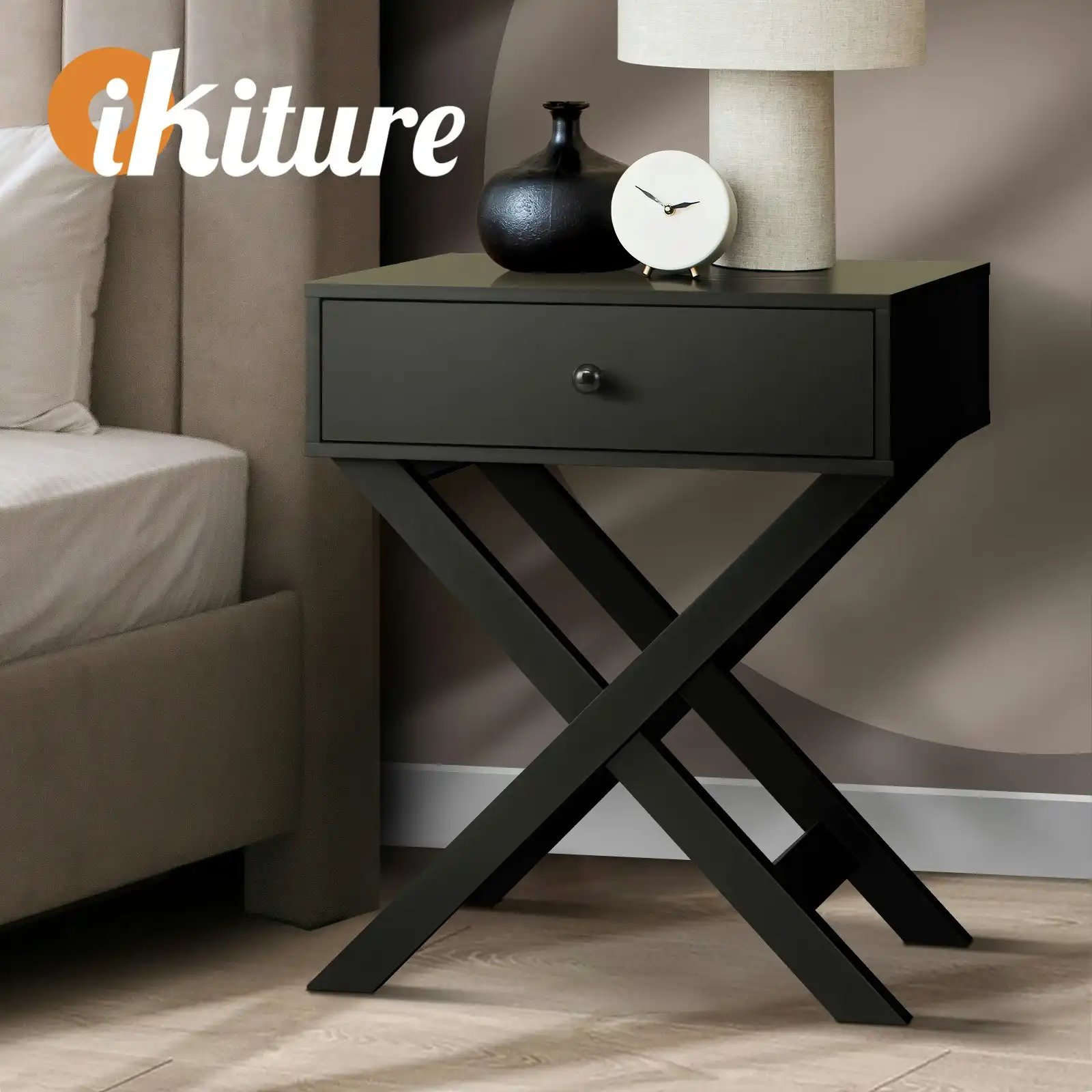 Oikiture Bedside Table Drawer Side Table Black Bedroom Storage Cabinet Furniture