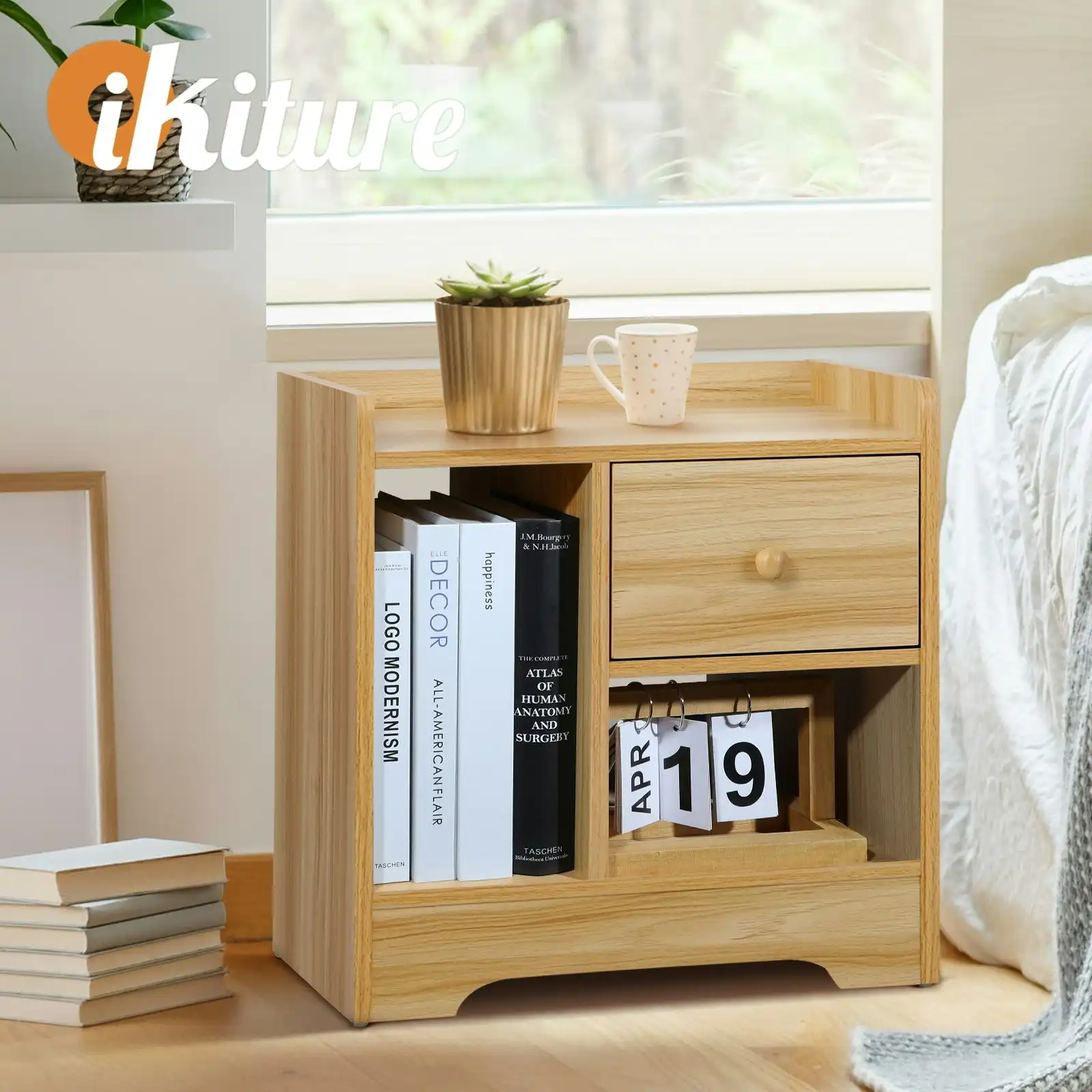 Oikiture Bedside Table Wooden Side Table Bedroom Nightstand Storage Drawer Shelf