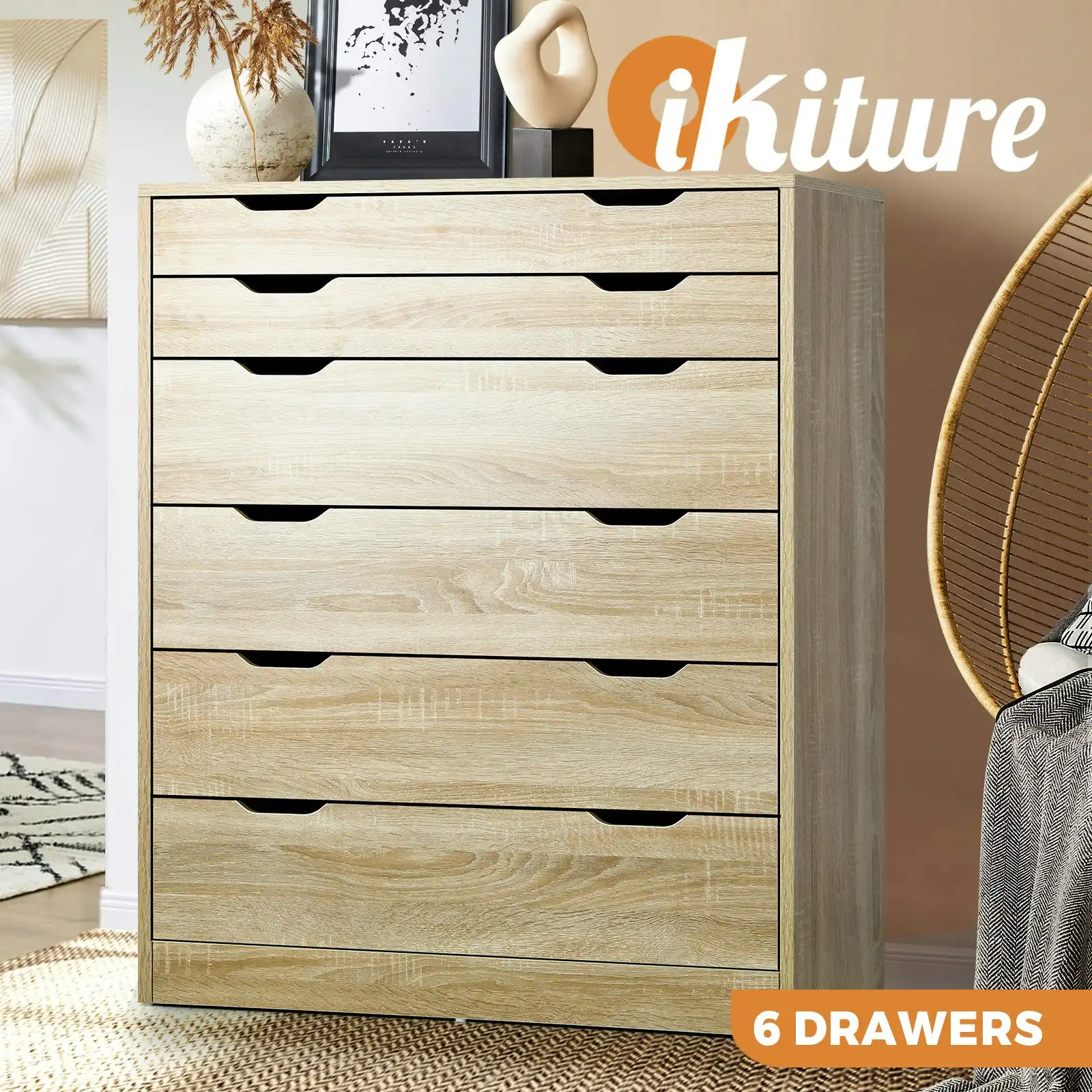 Oikiture 6 Chest of Drawers Tallboy Wooden Natural PMA