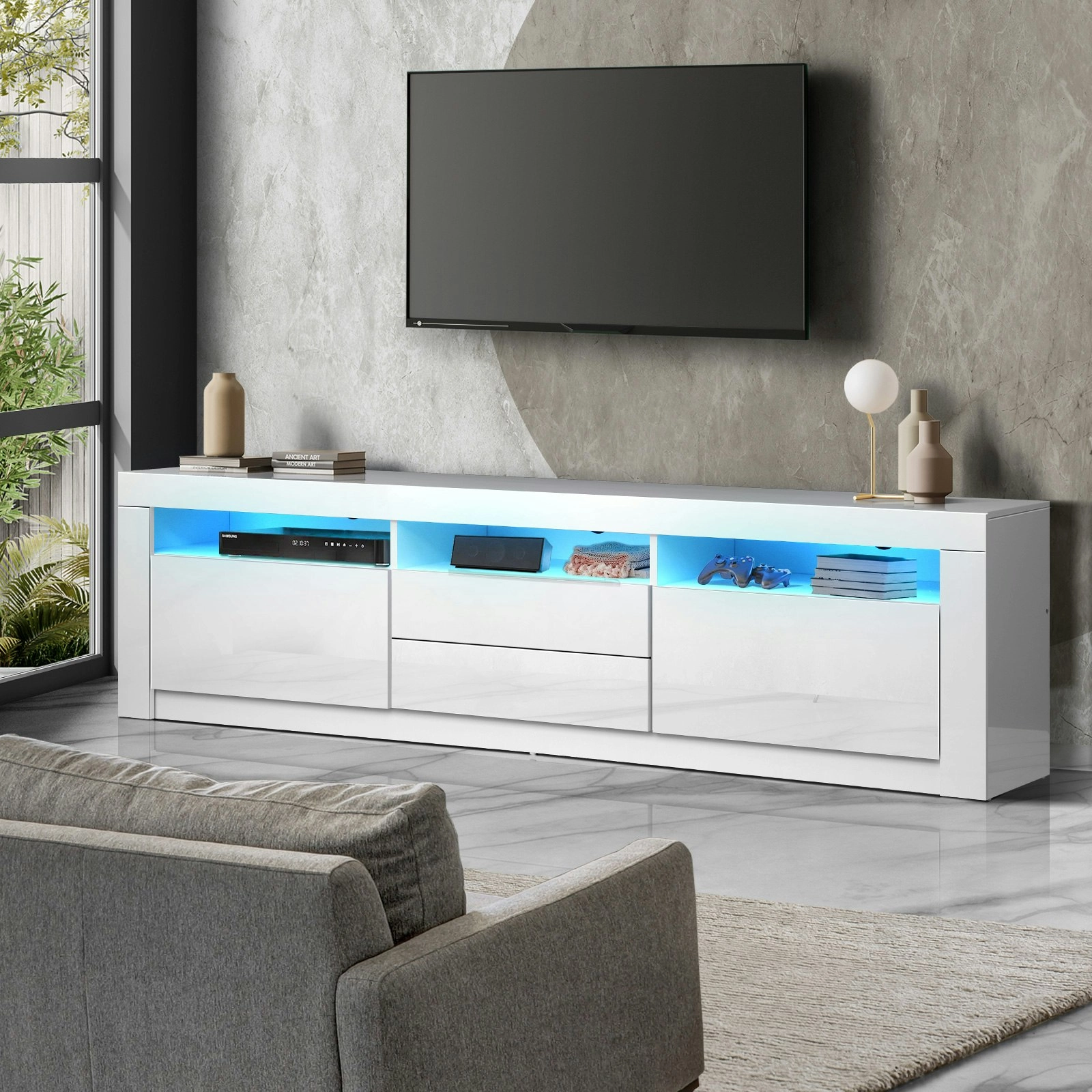 Oikiture TV Cabinet Entertainment Unit Stand RGB LED Gloss Furniture White 180CM