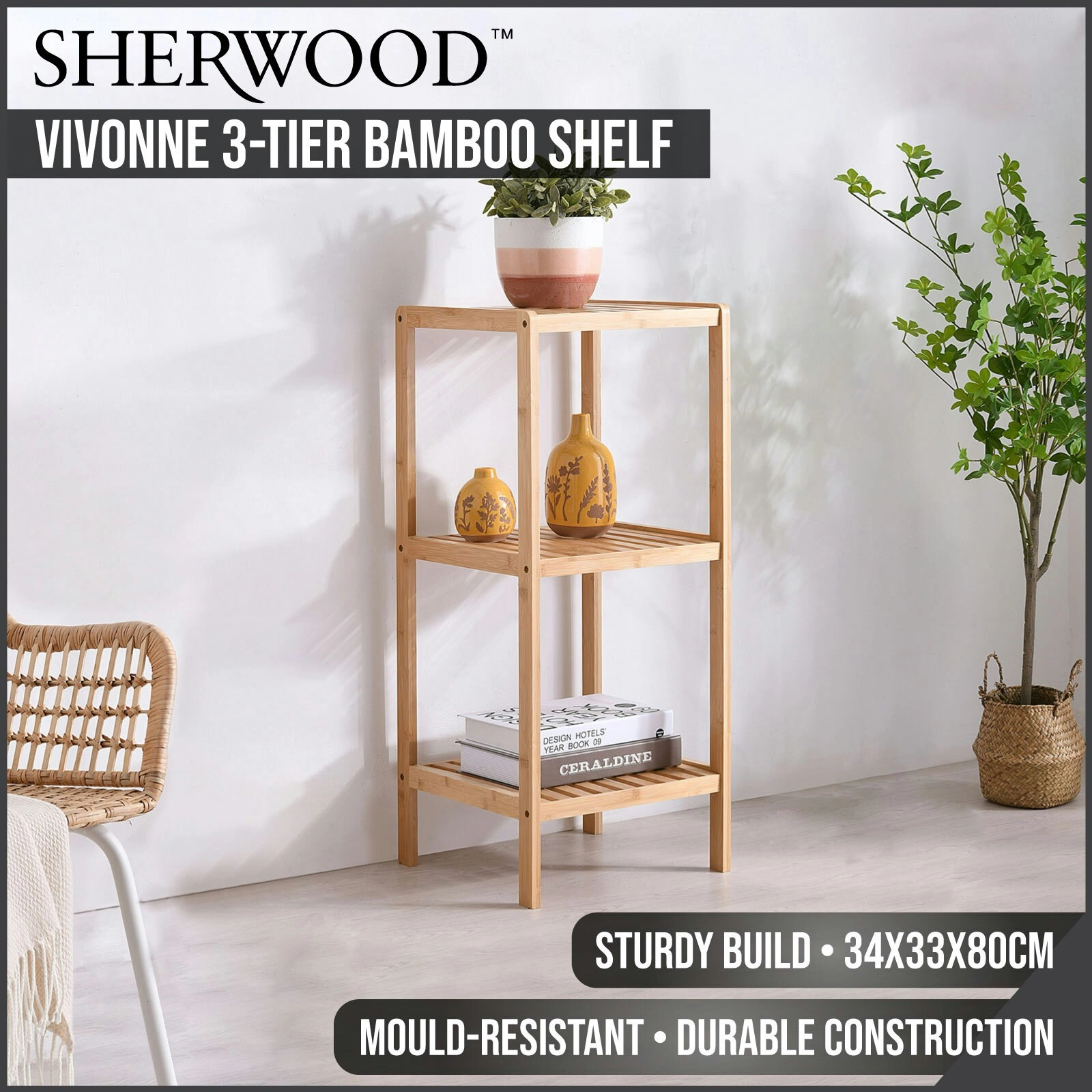 Sherwood Vivonne 3-Tier Bamboo Shelf, Natural Bamboo Colour, 34x33x80cm