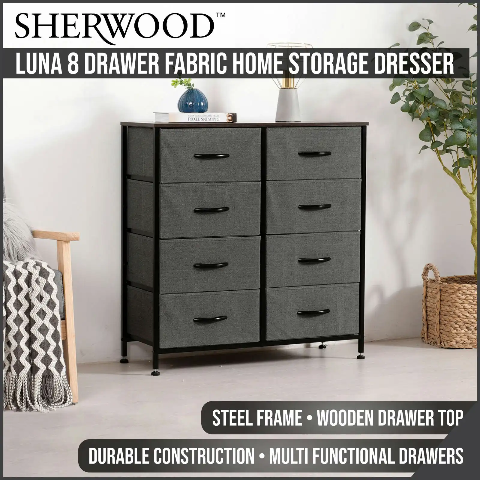 Sherwood Luna 8 Drawer Fabric Home Storage Dresser Charcoal (TW Exclusive)