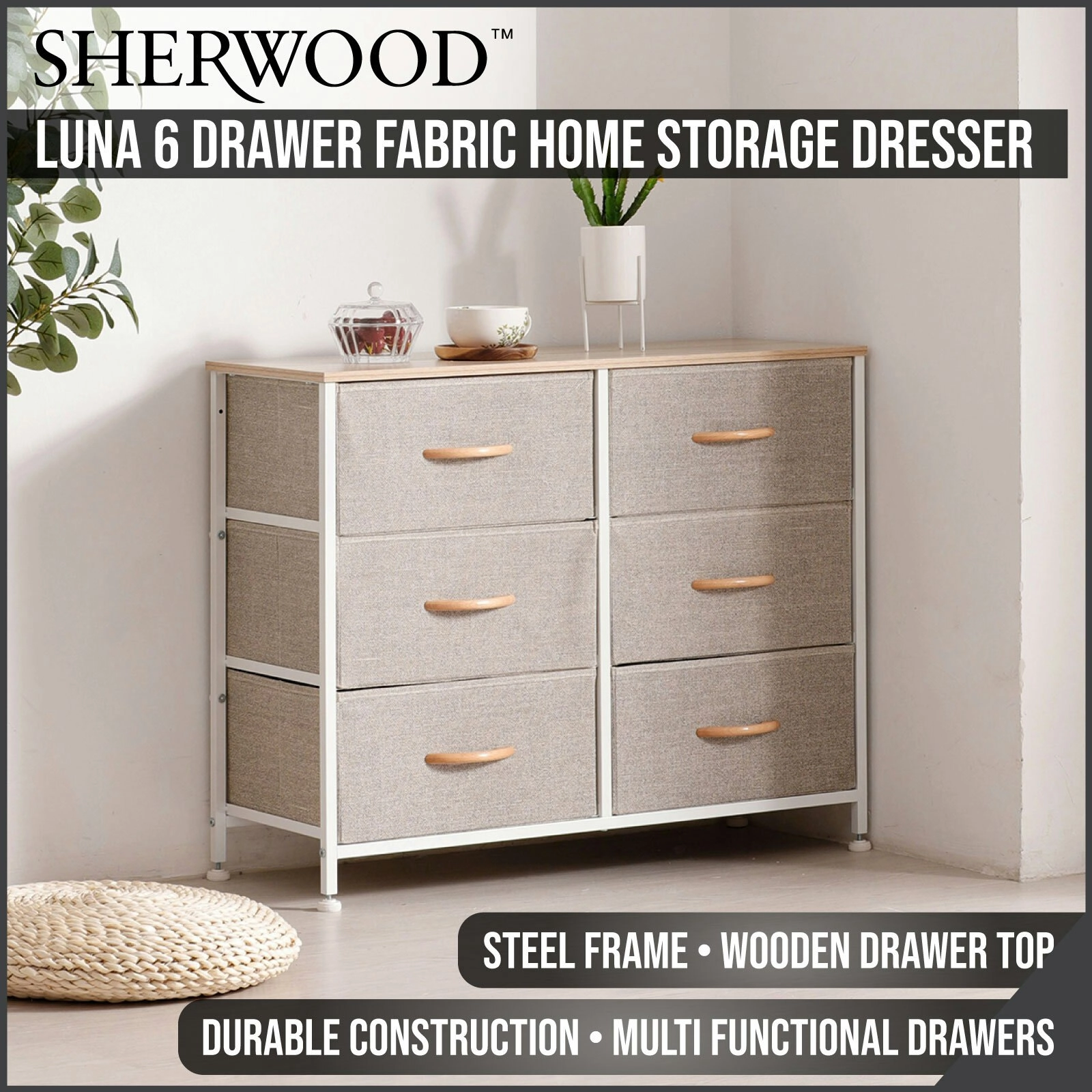 Sherwood Luna 6 Drawer Fabric Home Storage Dresser Cream