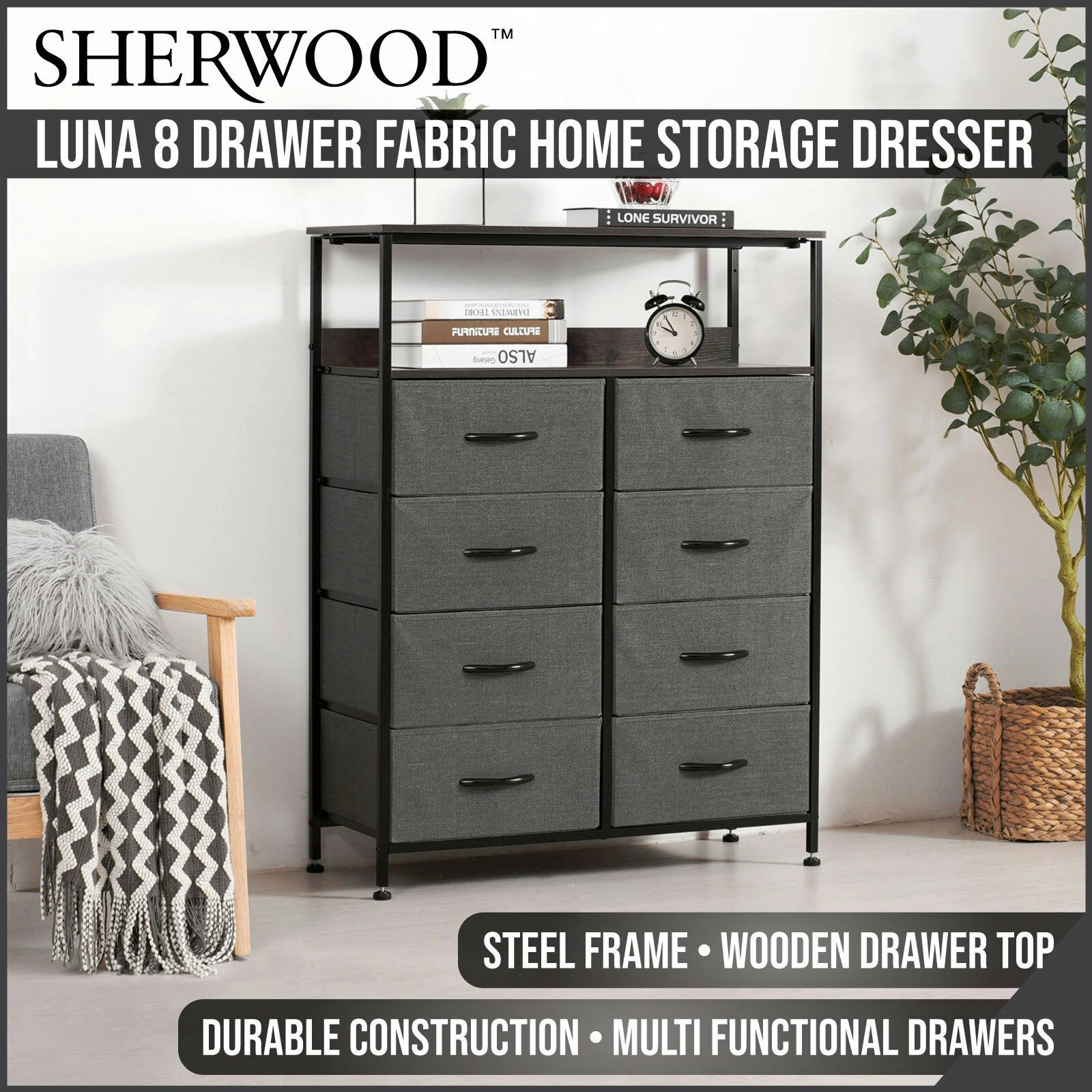 Sherwood Luna 8 Drawer Fabric Home Storage Dresser With Shelf Charcoal