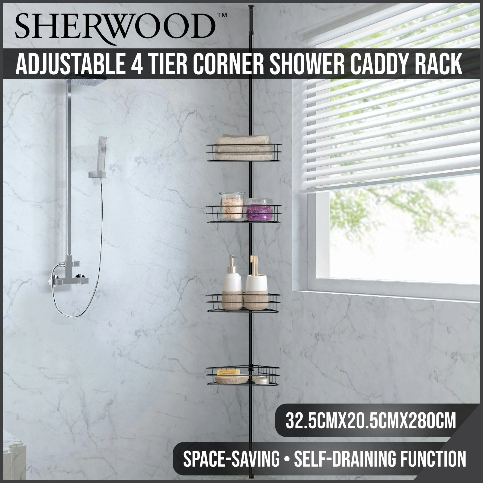 Sherwood Home Adjustable Telescopic 4 Tier Corner Shower Caddy Rack Black