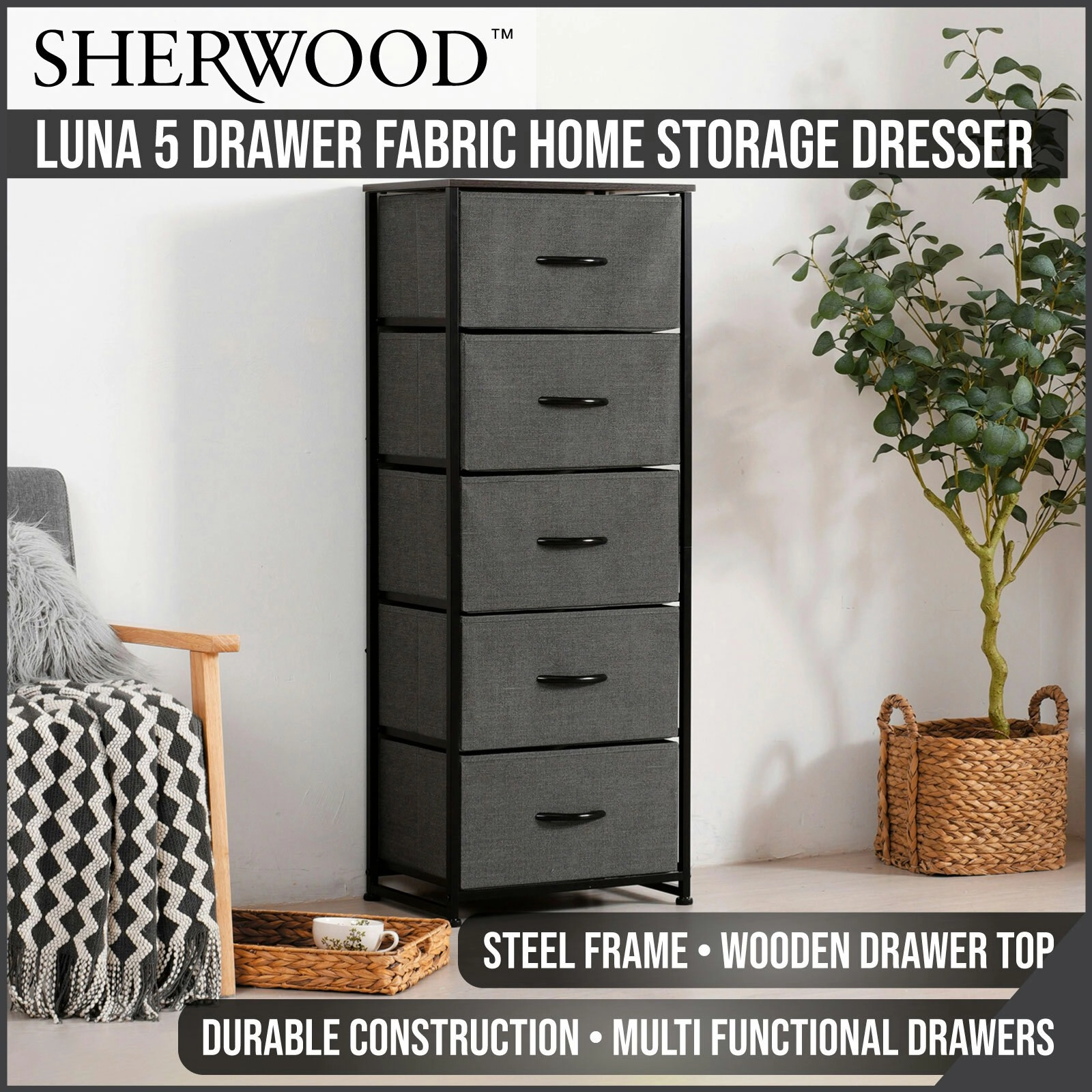 Sherwood Luna 5 Drawer Tallboy Charcoal (TW Exclusive)