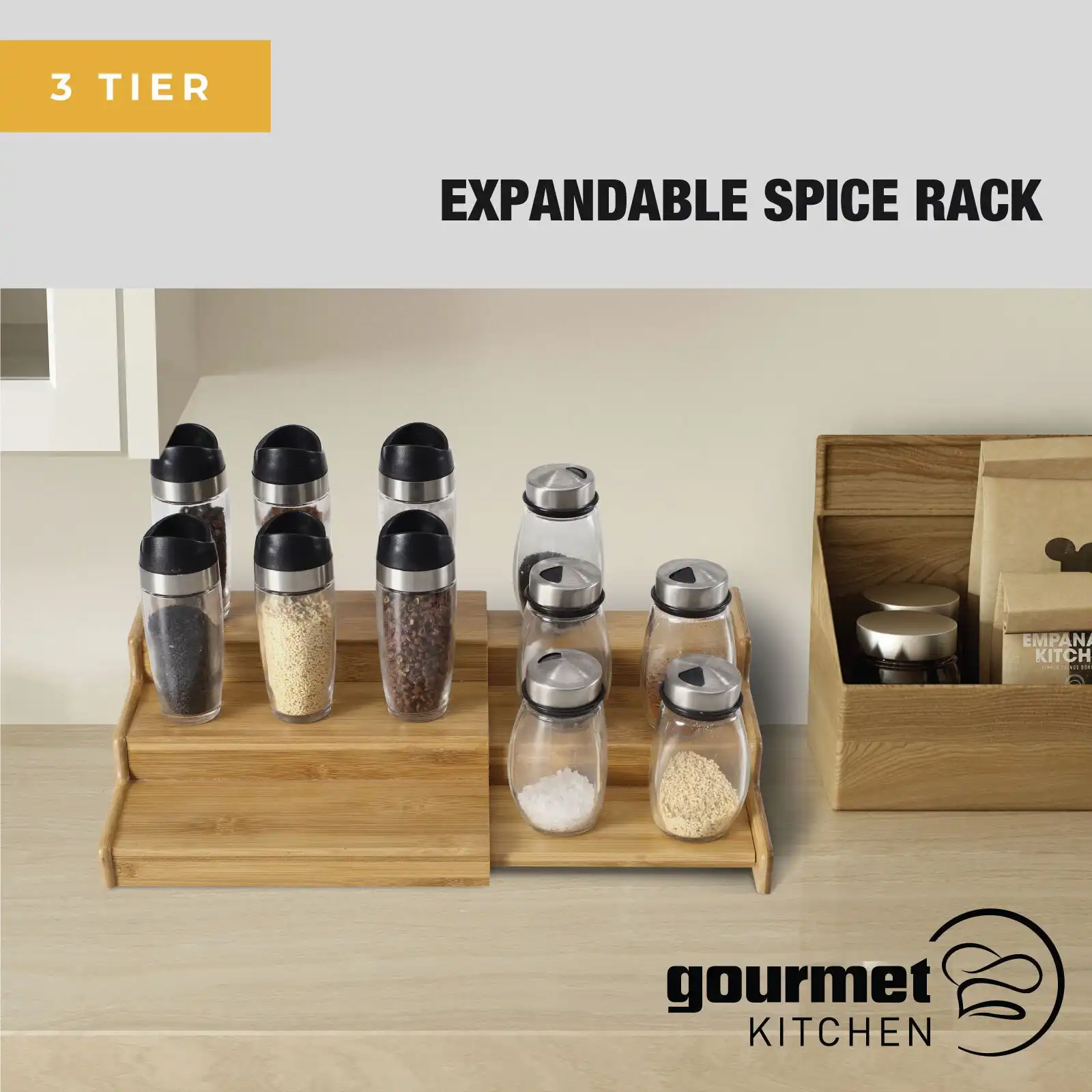 Gourmet Kitchen 3 Tier Expandable Spice Rack Natural Brown - 23x21x8.4cm