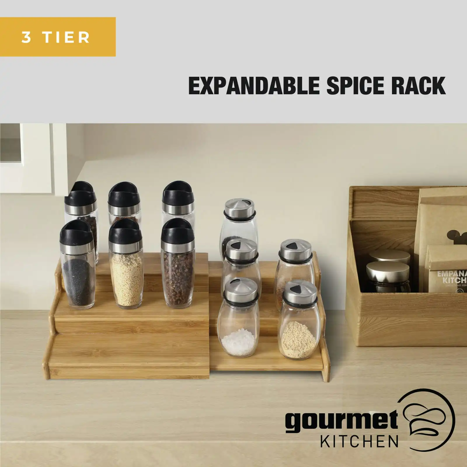Gourmet Kitchen 3 Tier Expandable Spice Rack Natural Brown 23x21x8.4cm