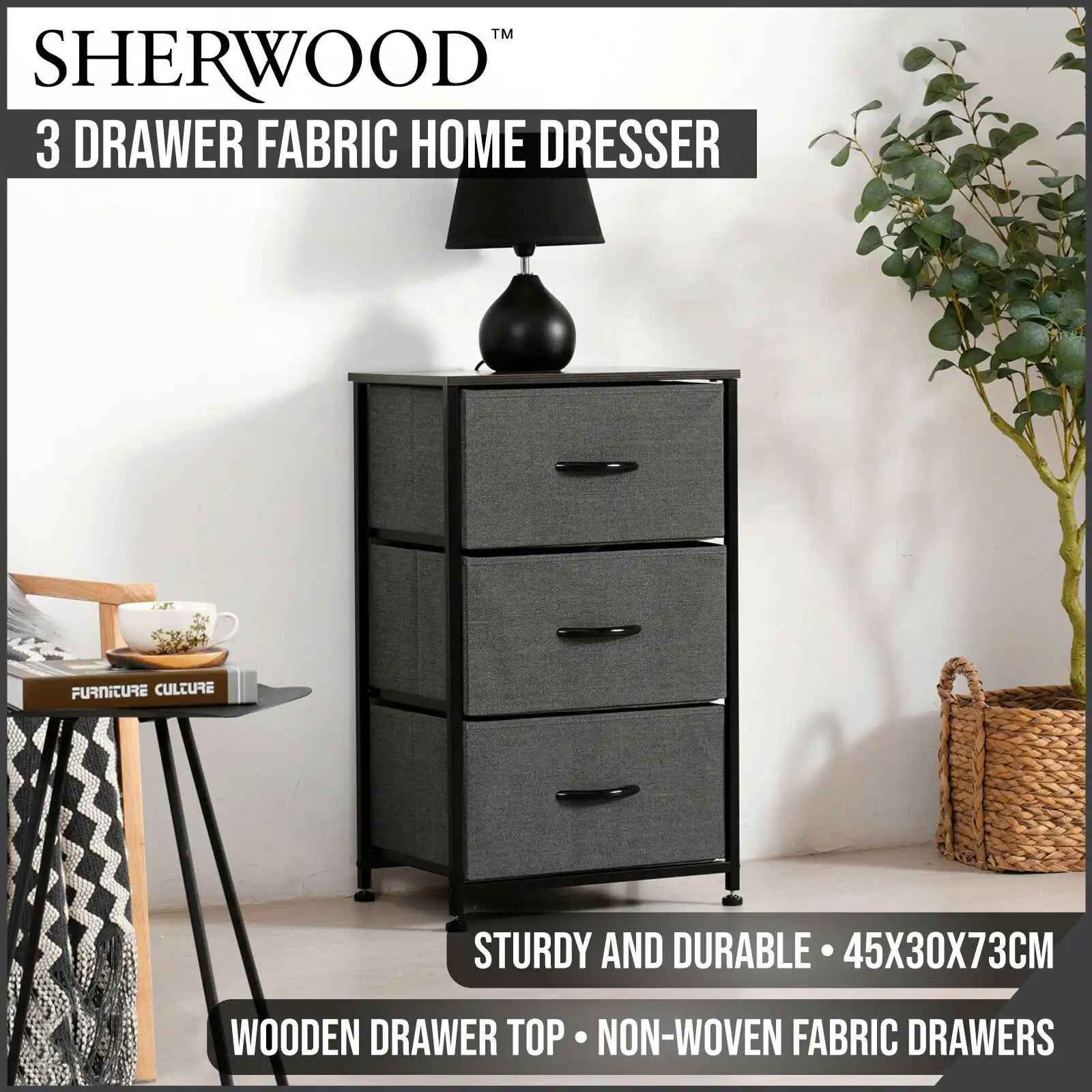Sherwood Luna 3 Drawer Fabric Home Dresser Charcoal?