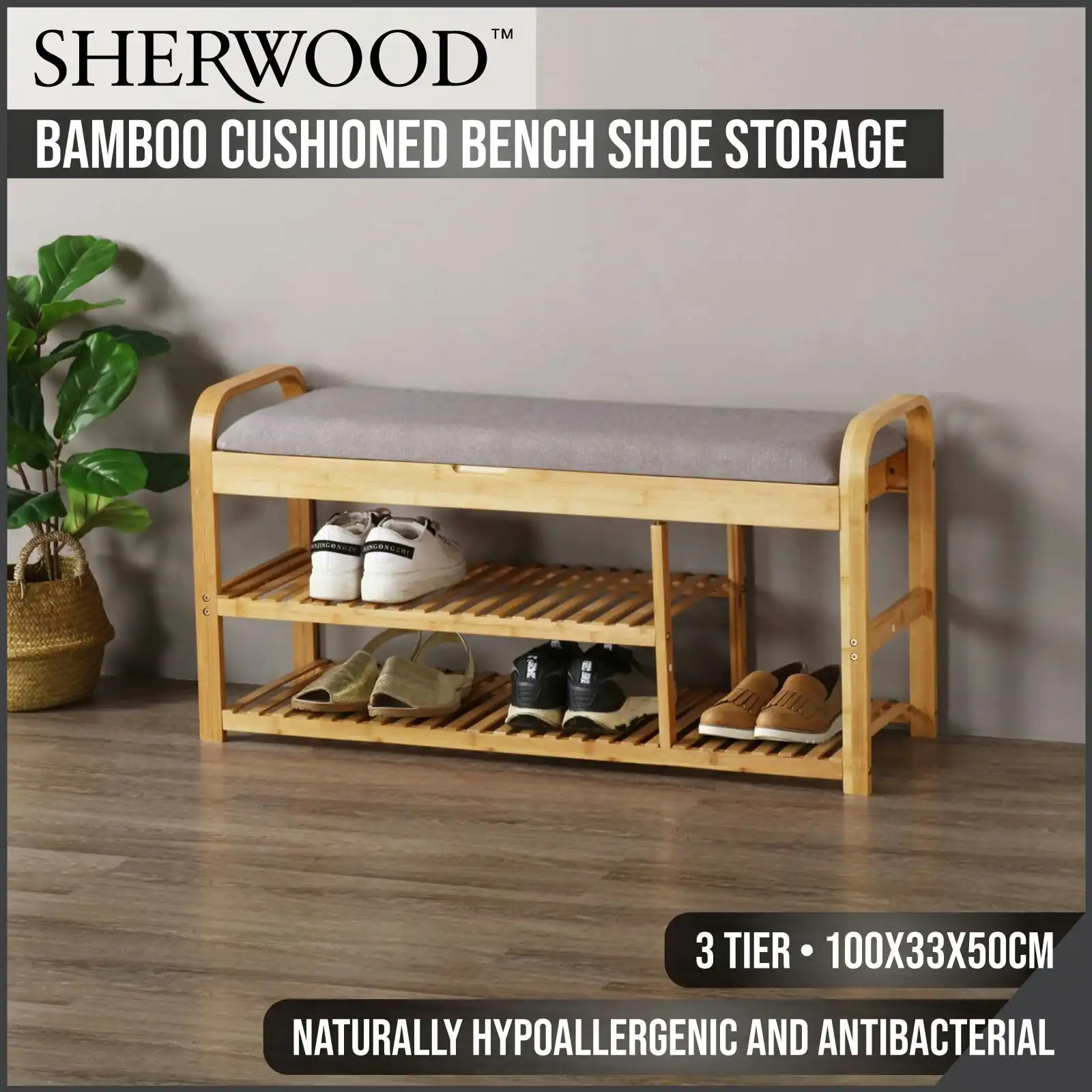 Sherwood Home Bamboo Cushioned Bench Shoe Storage 3 tier with Storage Compartment (TW Exclusive)