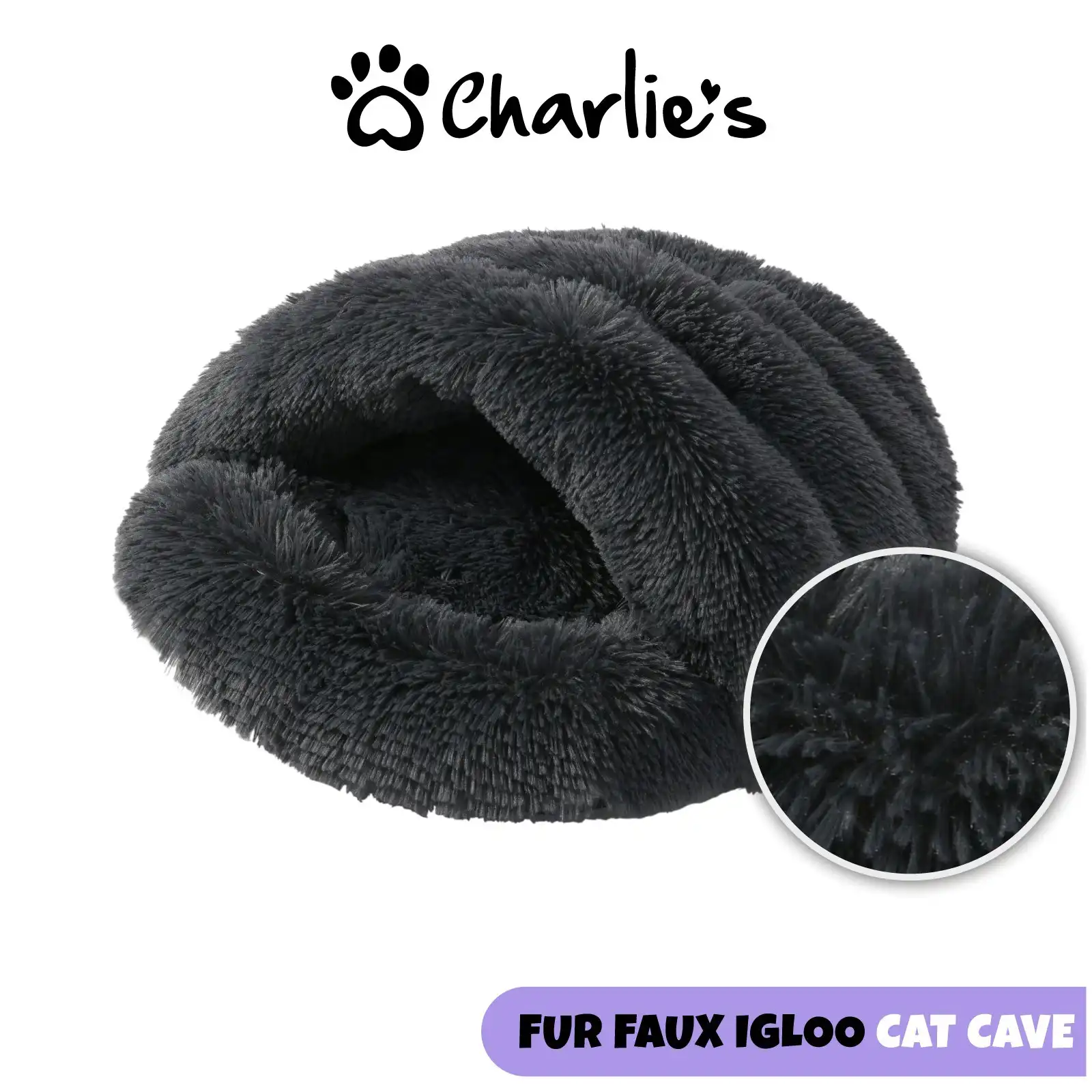 Charlie's Shaggy Fur Faux Igloo Cat Cave Bed Charcoal 60x50cm