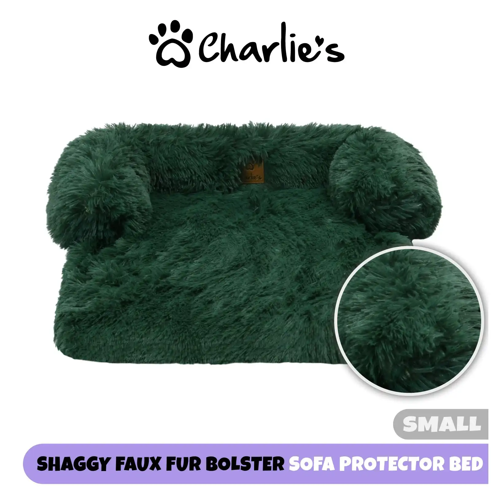 Charlie's Shaggy Faux Fur Bolster Sofa Protector Calming Dog Bed Eden Green Small