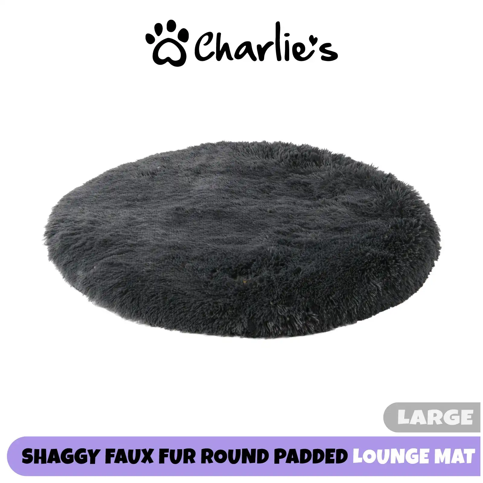 Charlie's Shaggy Faux Fur Round Calming Dog Mat Charcoal Large