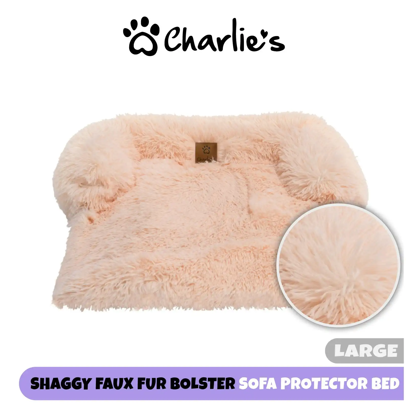 Charlie's Shaggy Faux Fur Bolster Sofa Protector Calming Dog Bed Soft Beige Large