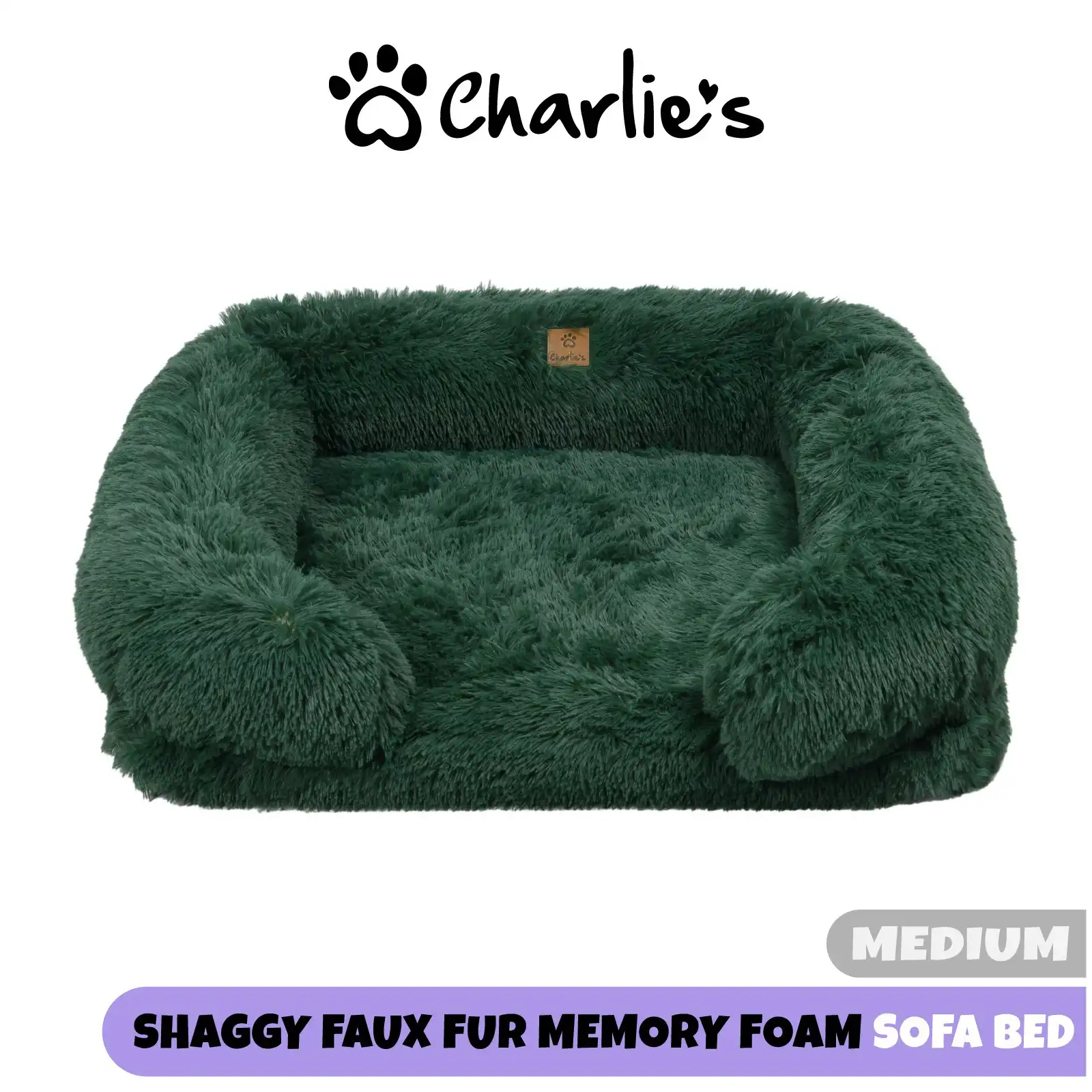 Charlie's Shaggy Faux Fur Orthopedic Memory Foam Sofa Dog Bed with Bolster Eden Green Medium