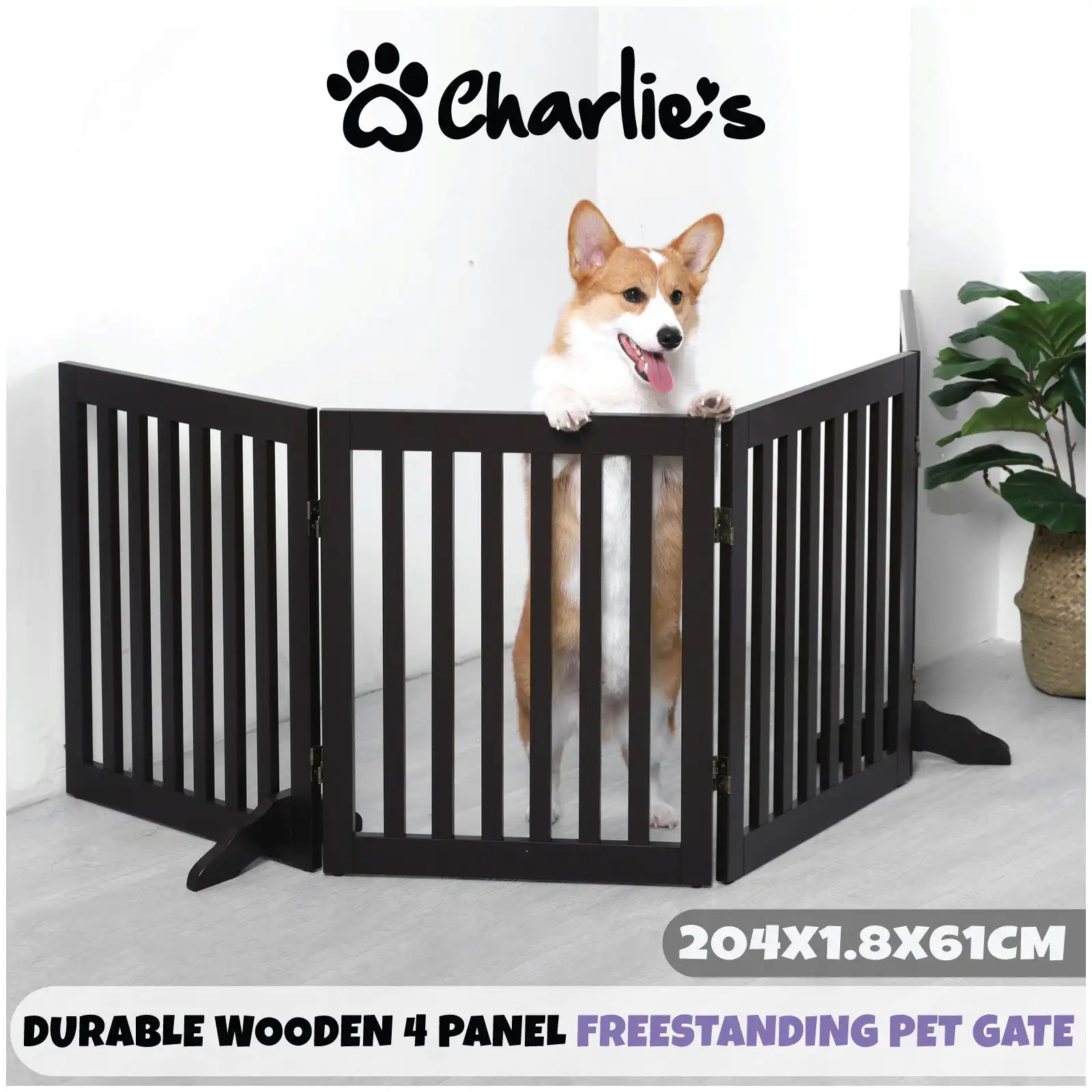 Charlie's Wooden 4 Panel Freestanding Dog Gate Brown