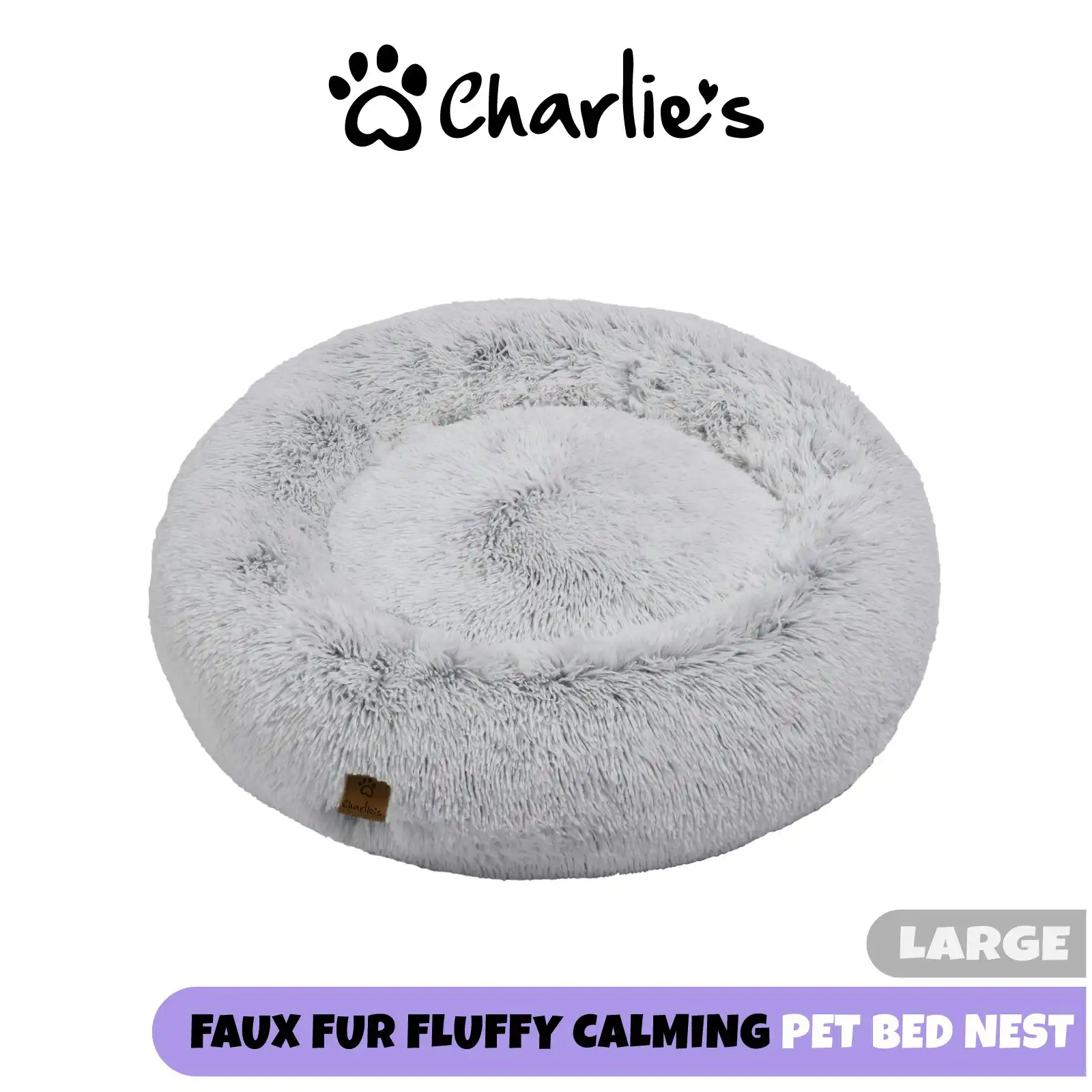 Charlie's Shaggy Faux Fur Donut Calming Pet Nest Bed Artic White Chinchilla Large