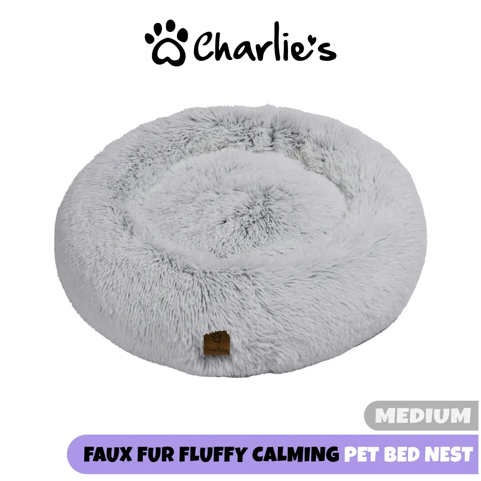 Charlie's Shaggy Faux Fur Donut Calming Pet Nest Bed Artic White Chinchilla Medium