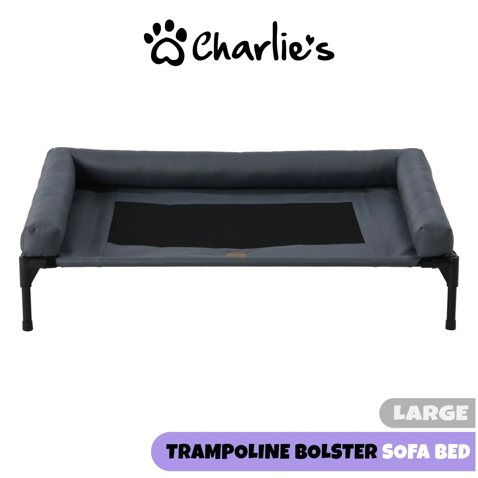 Charlie's Elevated Trampoline Bolster Sofa Dog Bed Grey Large