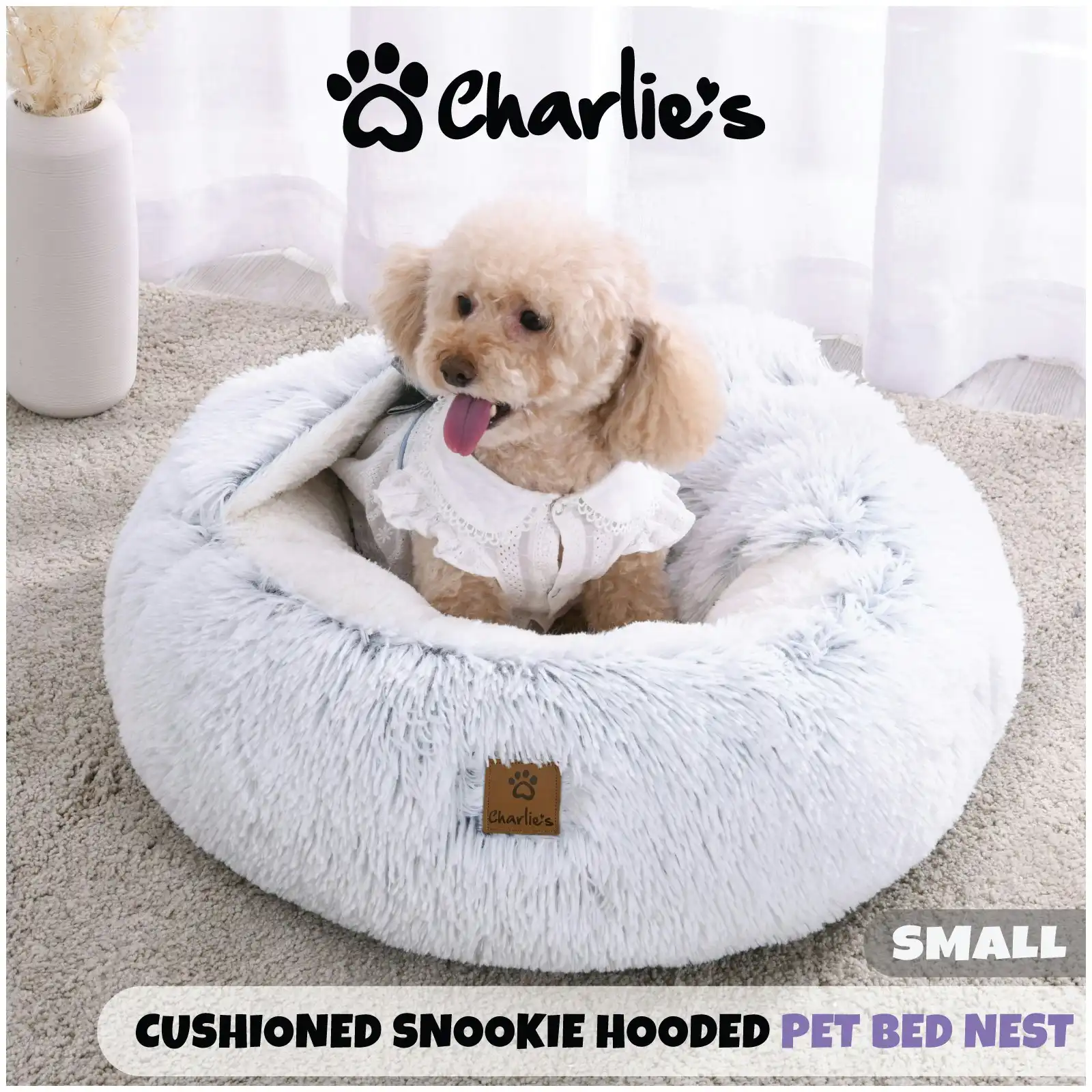 Charlie's Snookie Hooded Faux Fur Calming Dog Bed White Small
