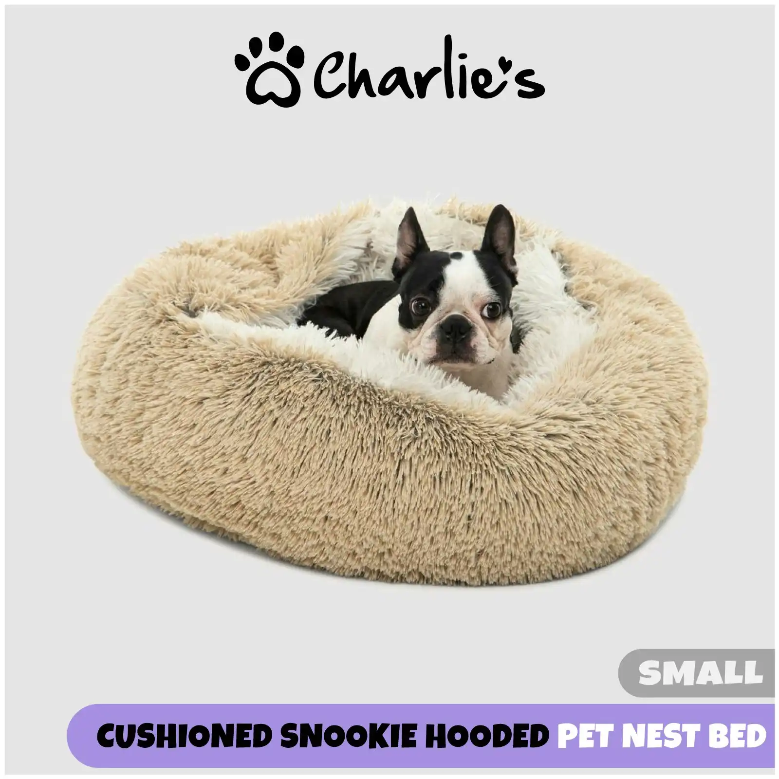 Charlie's Snookie Hooded Faux Fur Calming Dog Bed Cream Small
