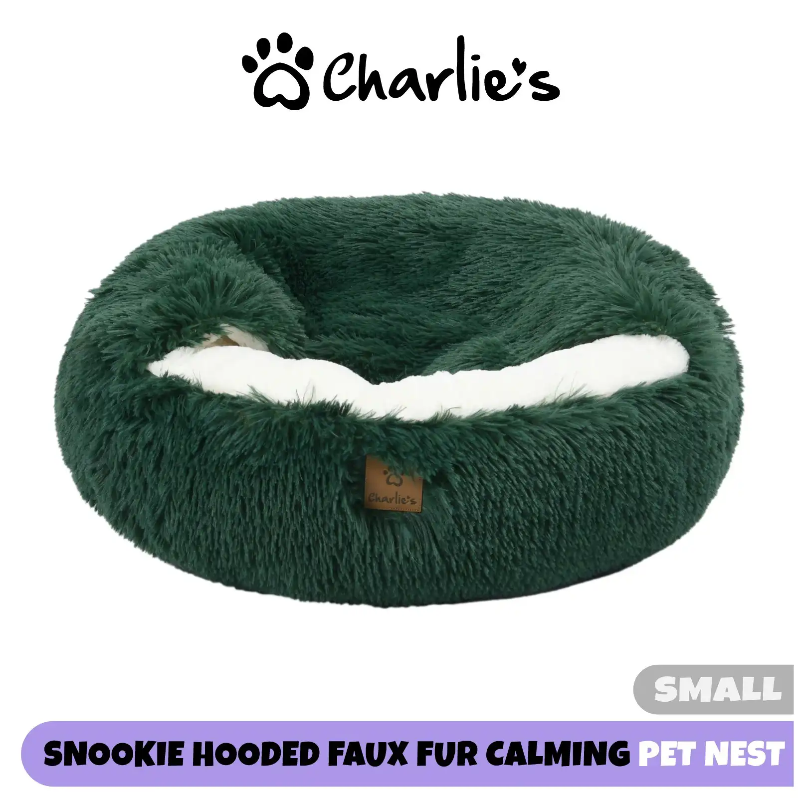 Charlie's Snookie Hooded Faux Fur Calming Dog Bed Eden Green Small