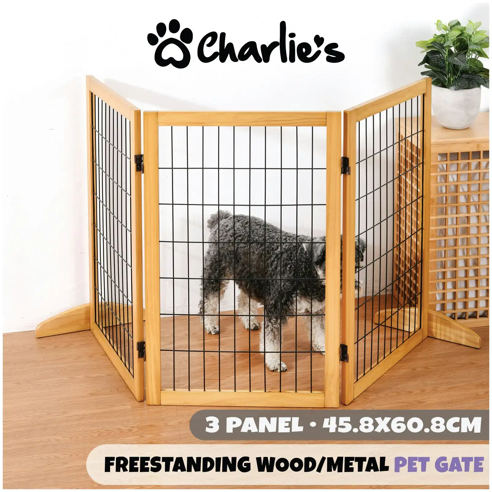 Charlie's Nature Freestanding Wood/Metal Pet Gate Natural Pinewood 3 Panel
