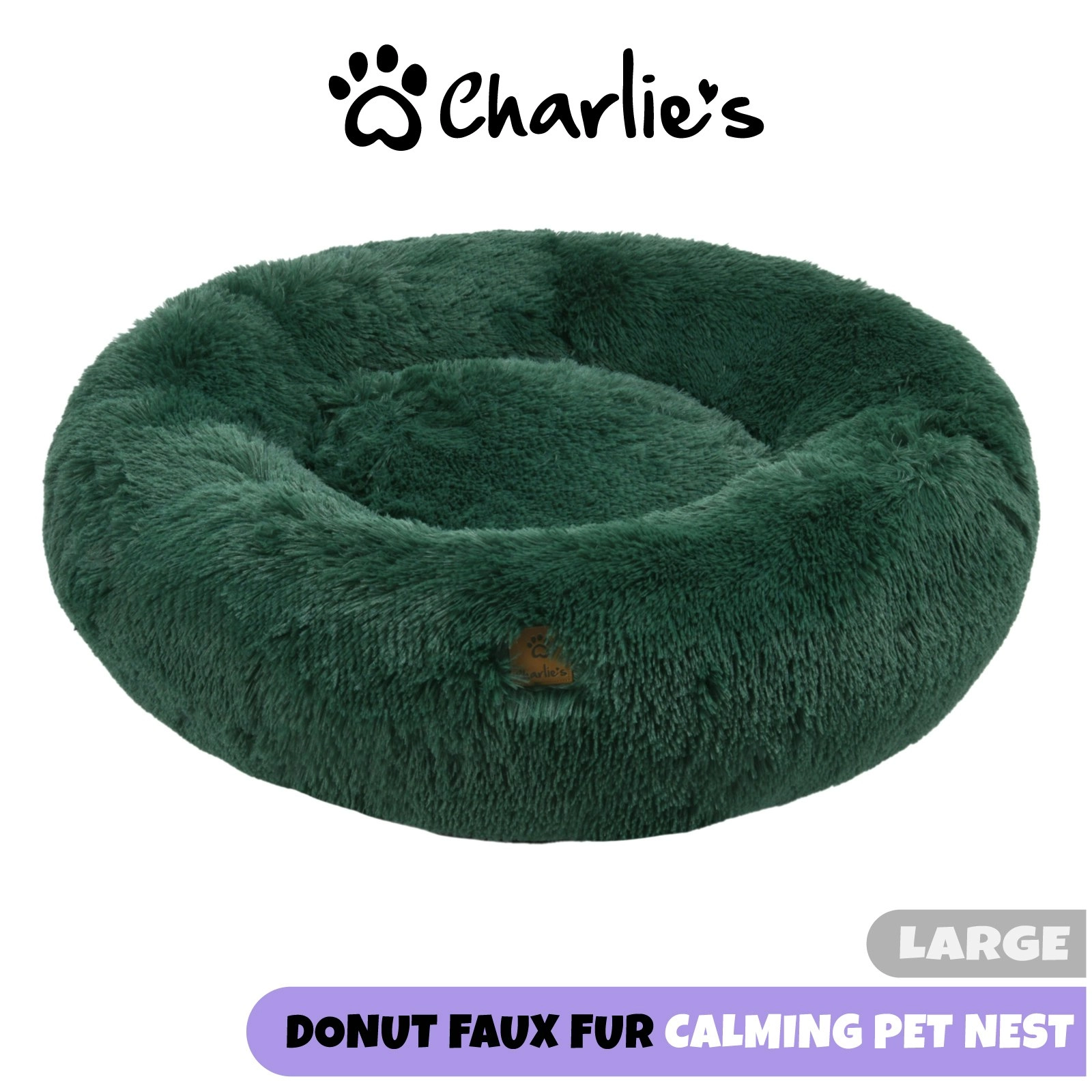 Charlie's Shaggy Faux Fur Round Calming Dog Bed Eden Green Large