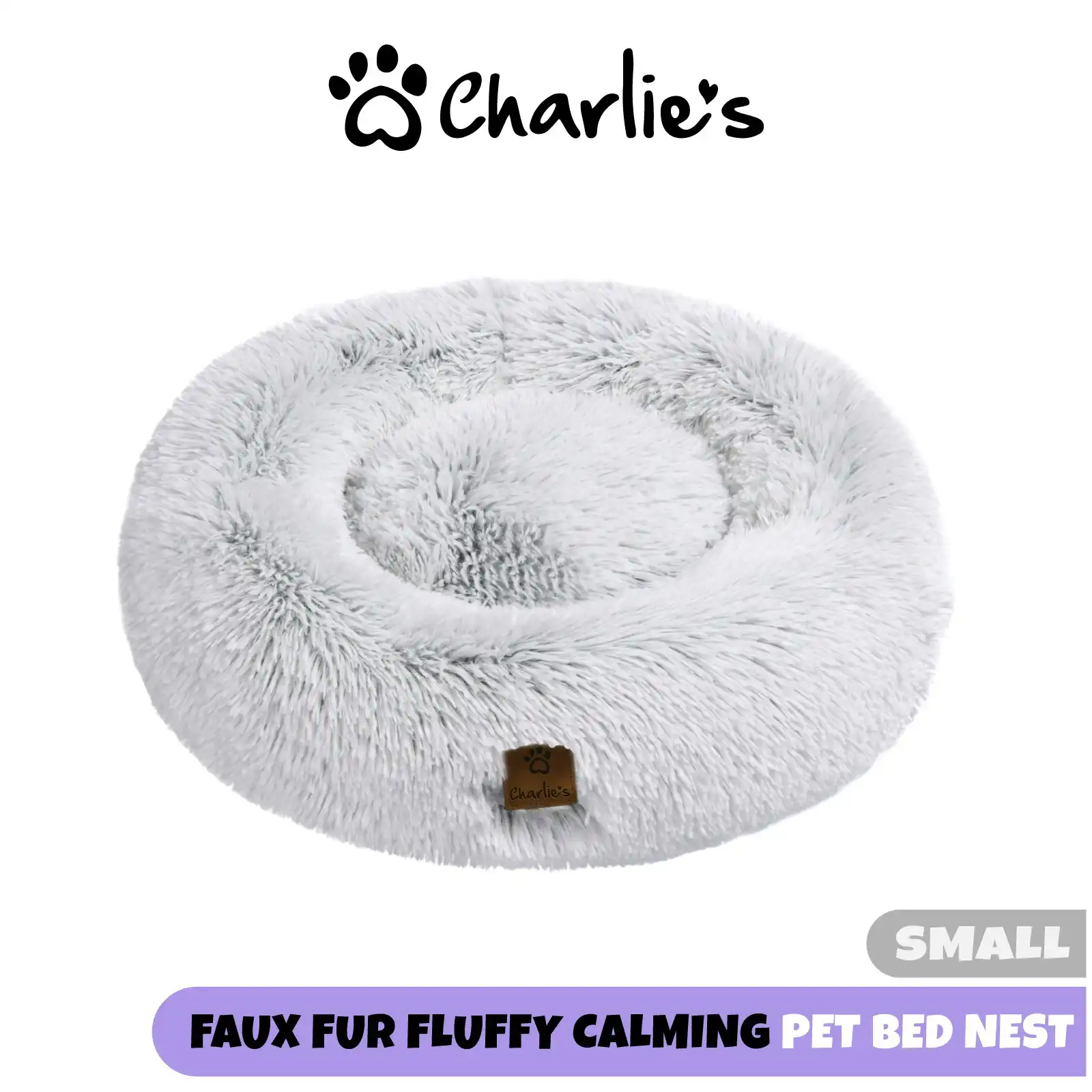 Charlie's Shaggy Faux Fur Donut Calming Pet Nest Bed Artic White Chinchilla Small