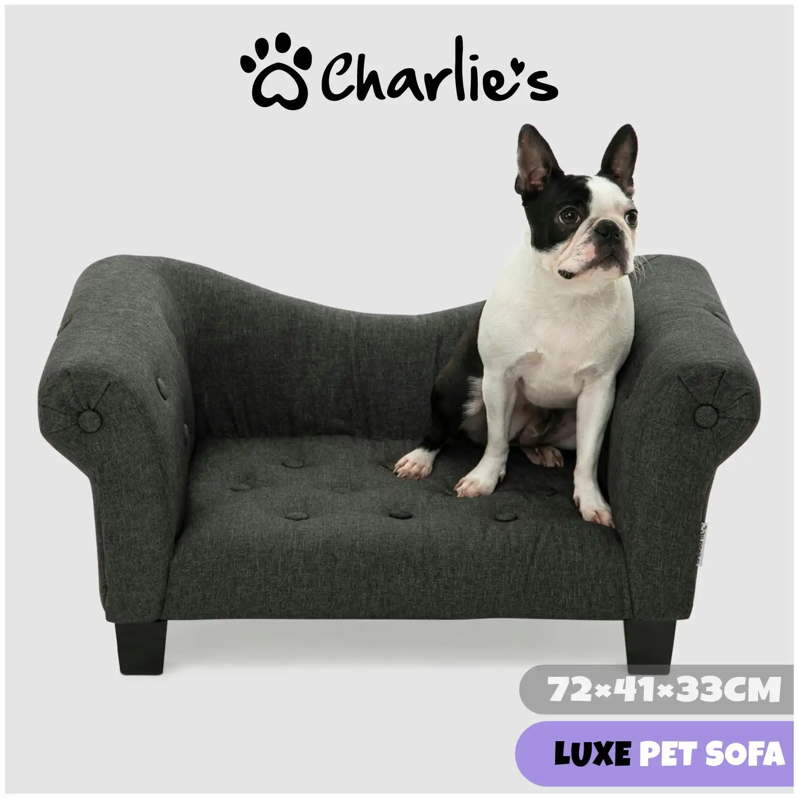 Charlie's Luxe Dog Sofa Charcoal 72 x 41 x 33cm