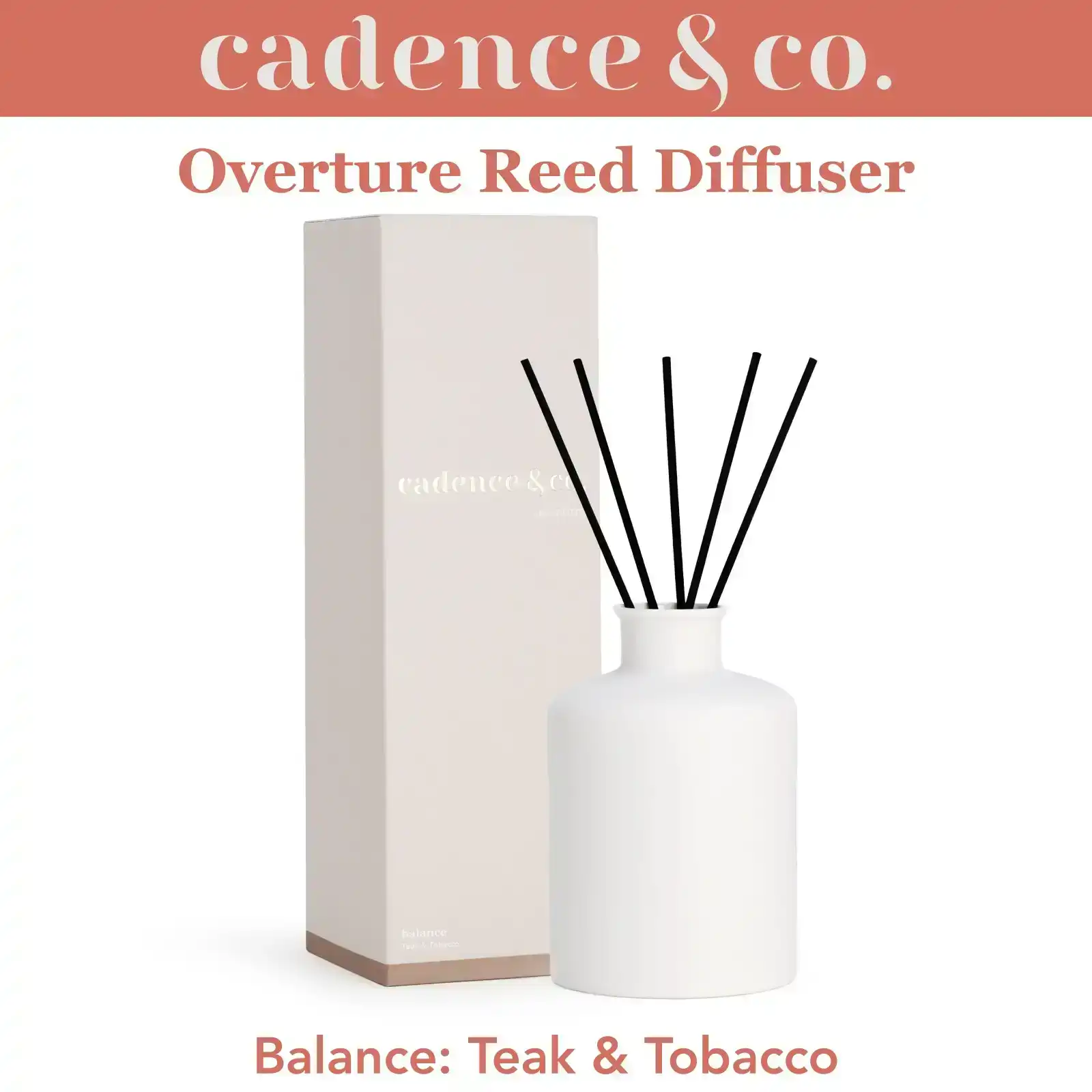 Cadence & Co Overture Reed Diffuser Balance: Teak & Tobacco Natural Room Freshener w/ Essential Oils