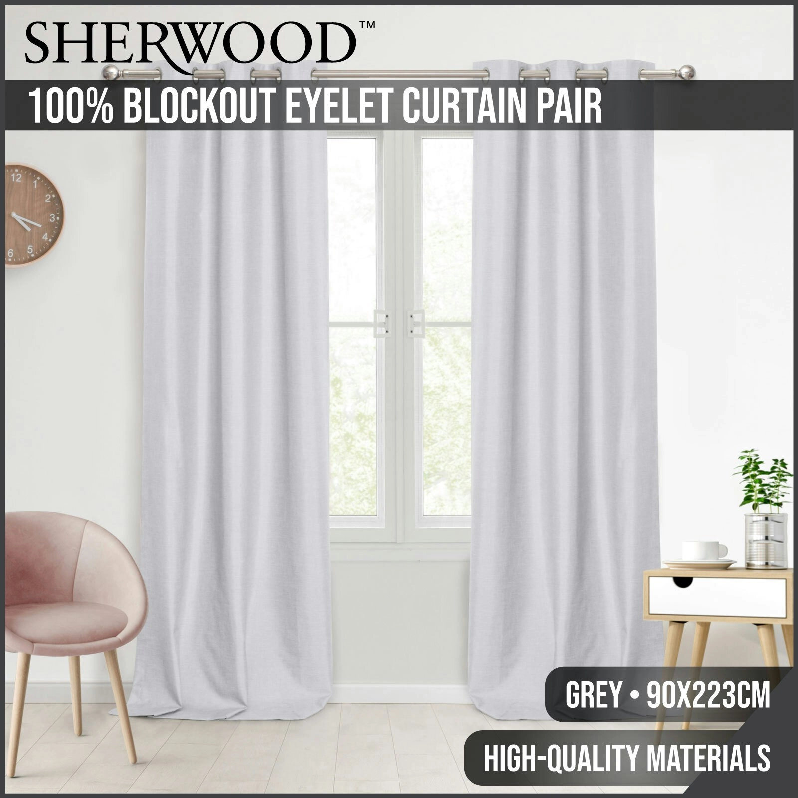 Sherwood Home 100% Blockout Eyelet Curtain Pair Grey 90x223cm