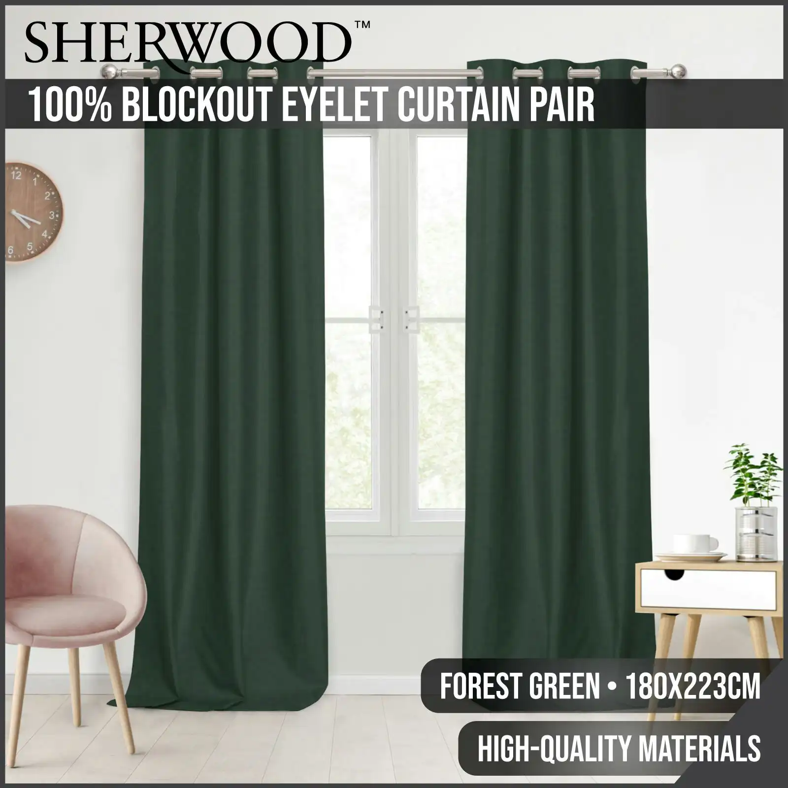 Sherwood Home 100% Blockout Eyelet Curtain Pair Forest Green 180x223cm