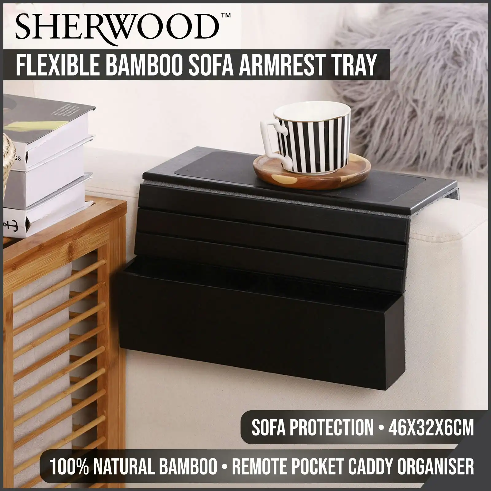 Sherwood Home Flexible Bamboo Sofa Armrest Tray with Remote Pocket Caddy Organiser 46x32x6cm