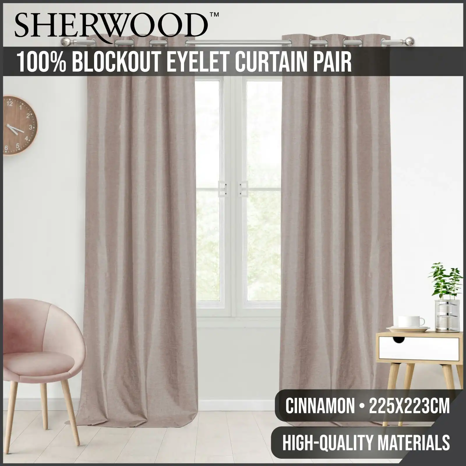 Sherwood Faux linen 100% Blockout eyelet curtains Twin Pack Cinnamon 225X223CM