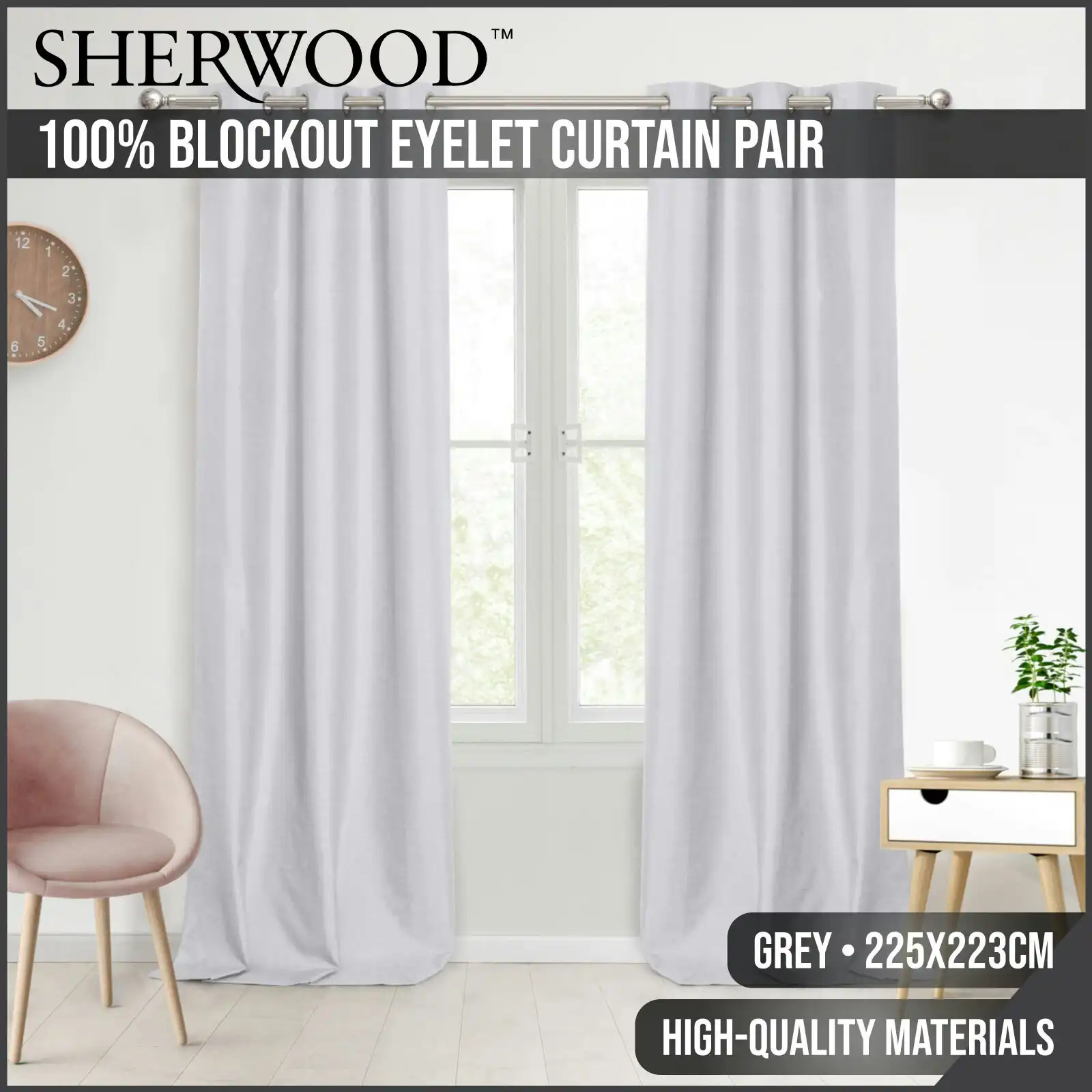 Sherwood Home Faux Linen 100% Blockout Eyelet Curtain Pair Grey 225x223cm