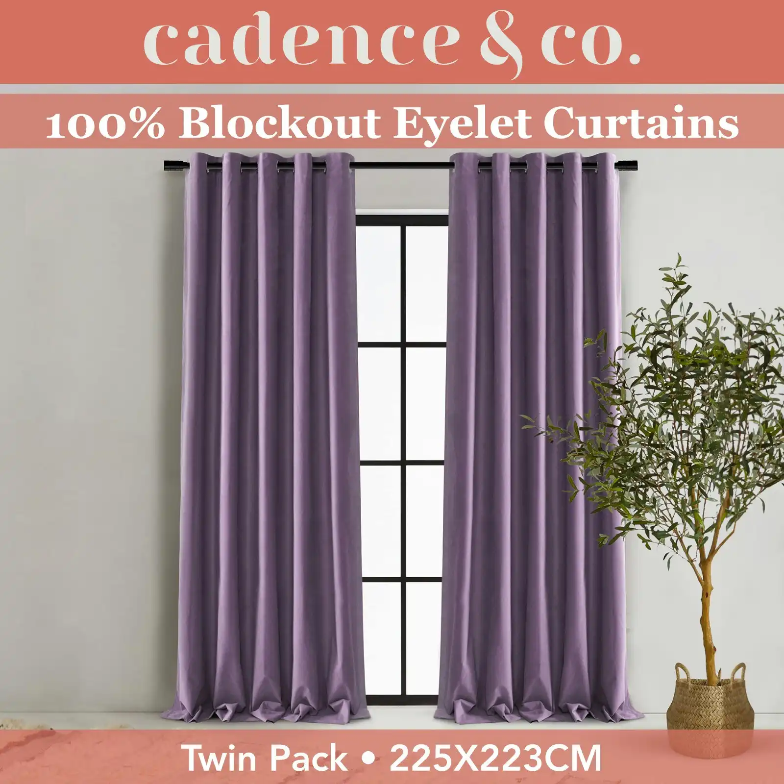 Cadence & Co. Byron Matte Velvet 100% Blockout Eyelet Curtains Twin Pack Lilac 225x223cm
