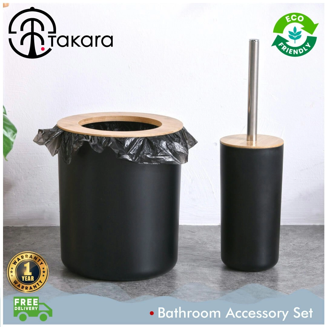 Takara Takae Bathroom Accessory Set 2-Piece Bamboo Toilet Brusher and Rubbish Bin Black