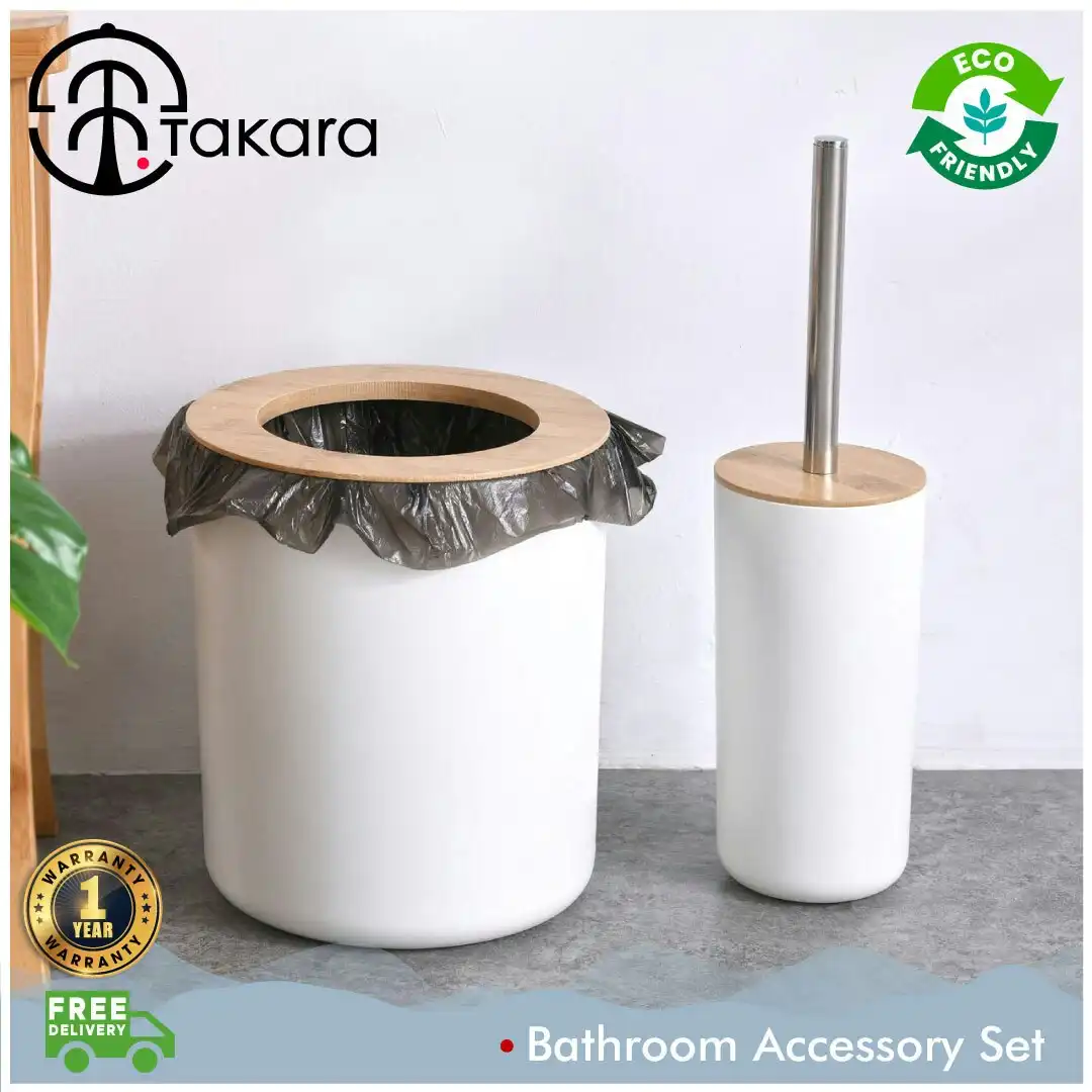Takara Takae Bathroom Accessory Set - 2-Piece Bamboo Toilet Brusher and Rubbish Bin White