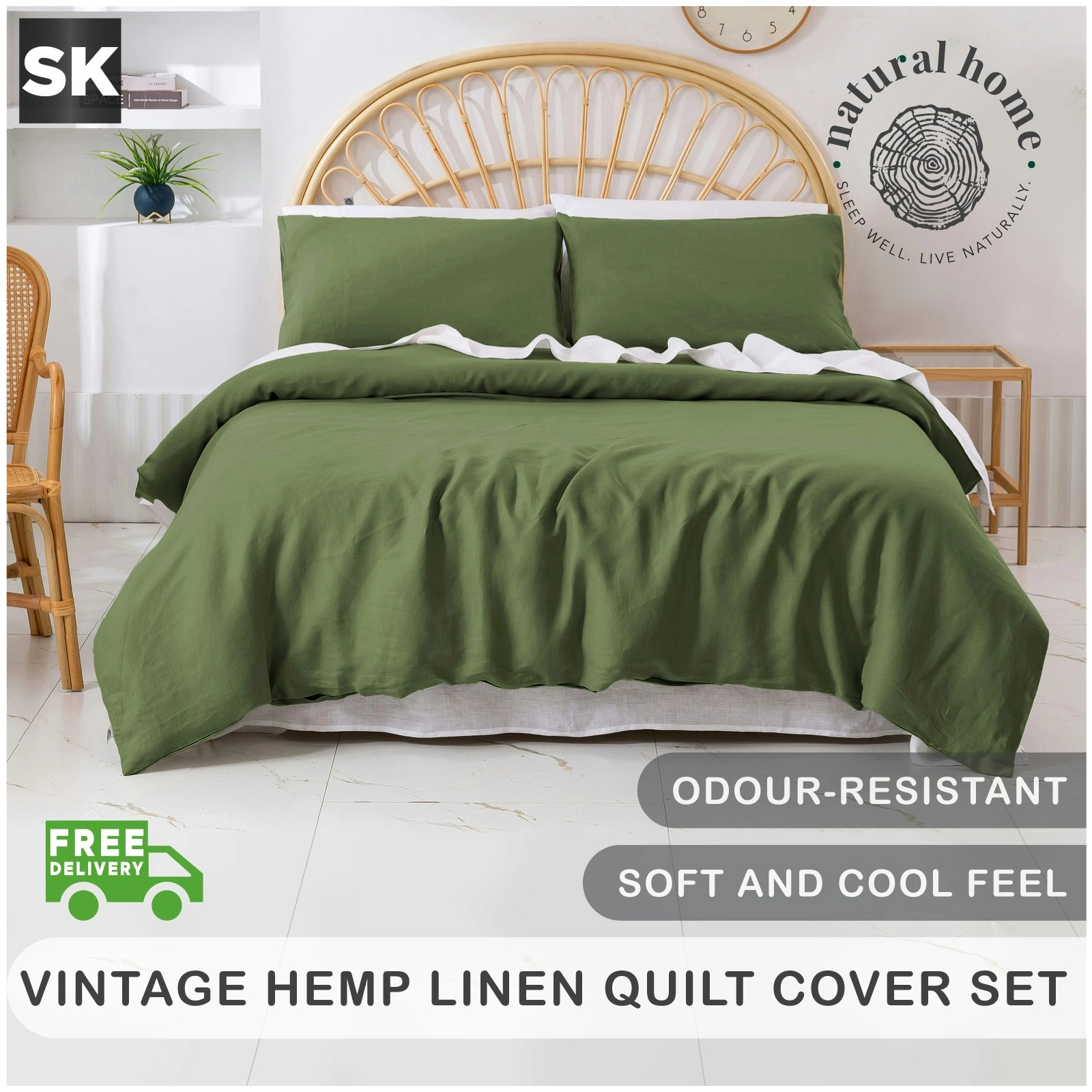 Natural Home Vintage Washed Hemp Linen Quilt Cover Set Olive Super King Bed